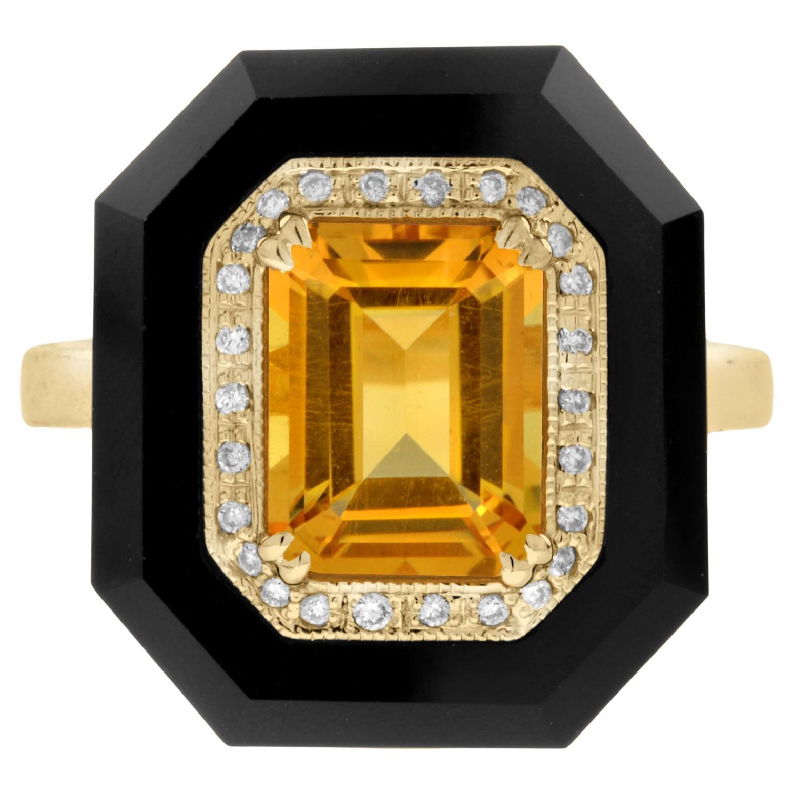 For Sale:  Citrine with Diamond and Onyx Art Deco Style Cocktail Ring in 14K Yellow Gold