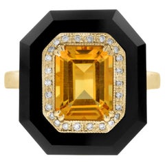 Citrine with Diamond and Onyx Art Deco Style Cocktail Ring in 14K Yellow Gold
