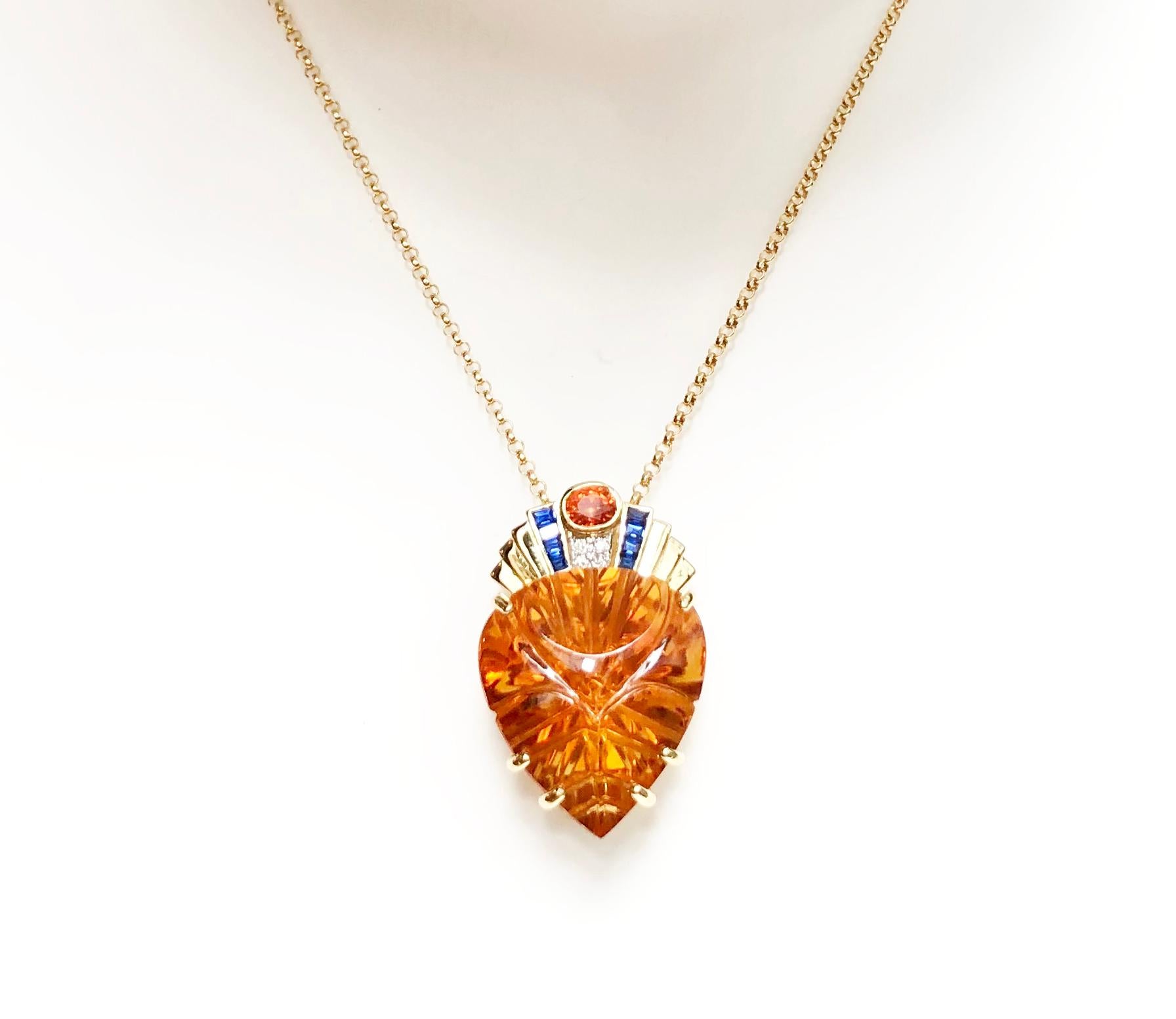 Citrine with Diamond, Yellow Sapphire and Blue Sapphire Pendant in 18 Karat Gold For Sale 2