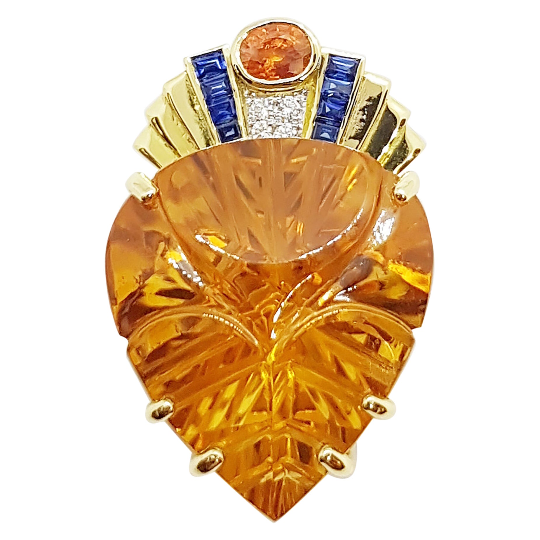 Colgante de Citrino con Diamante, Zafiro Amarillo y Zafiro Azul en Oro de 18 Kilates