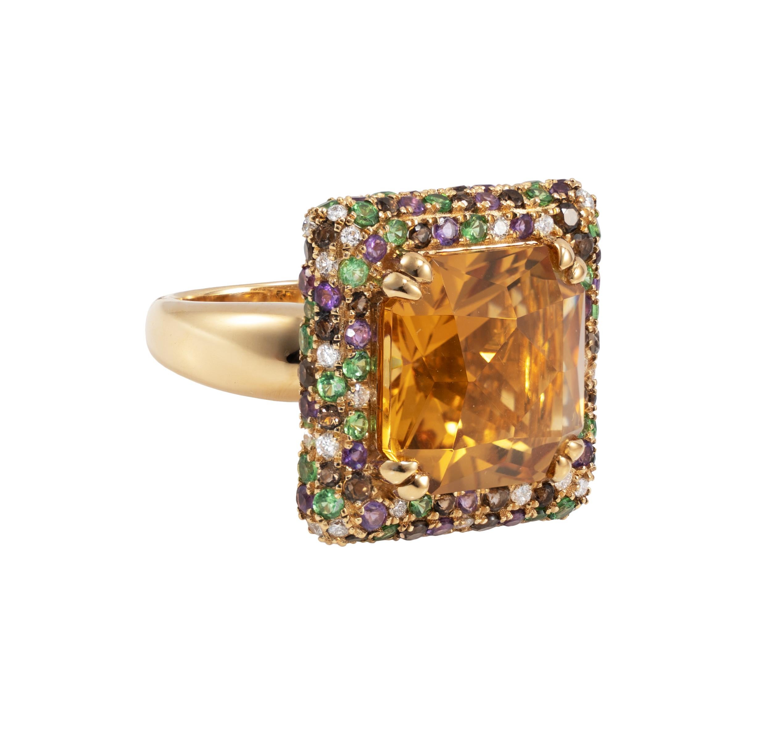 Sunita Nahata presents a collection of bold and colorful cocktail rings. This ring features a vibrant citrine in a square emerald cut. The citrine is surrounded by a frame of smoky quartz, tsavorite, amethyst, and diamonds. 

Citrine Cocktail Ring