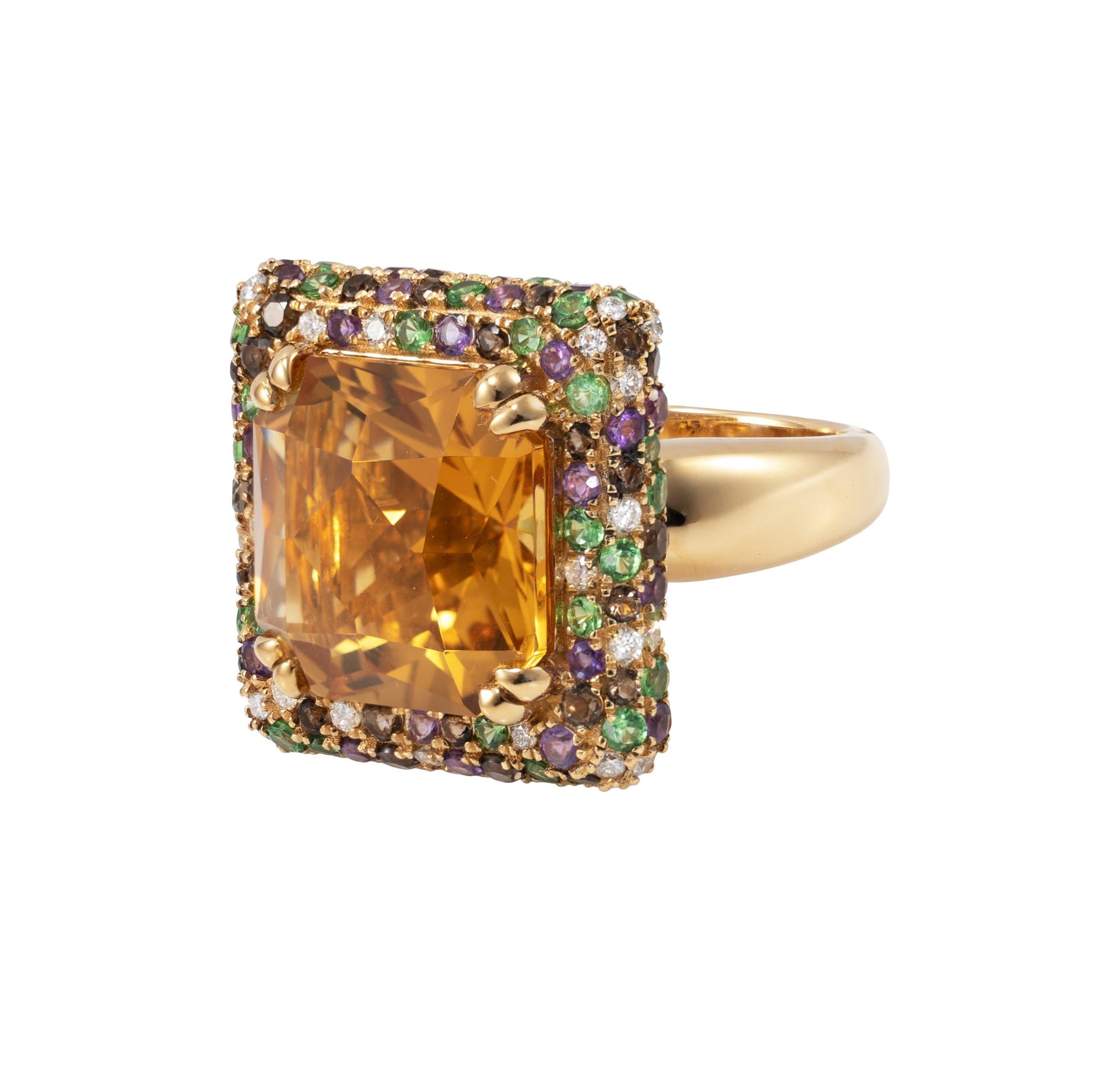Contemporary Citrine with Gemstones Cocktail Ring in 18 Karat Yellow Gold
