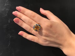 Citrine Yellow and Blue Sapphire 18 Karat Gold Three-Stone Designer Diamond Ring