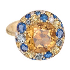 Citrine Yellow and Blue Sapphire 18 Karat Gold Three-Stone Designer Diamond Ring