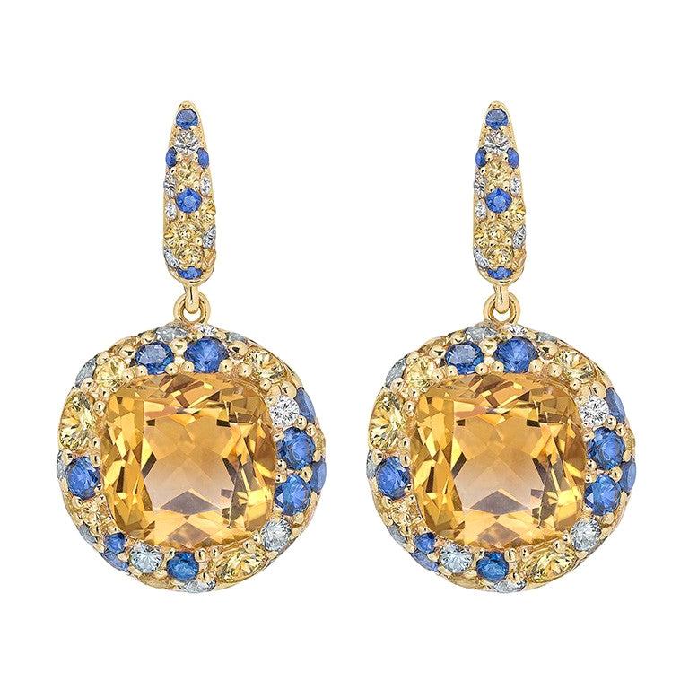 Ukrainian Collection Sapphire Citrine 18 Karat Gold Diamond Earrings For Her For Sale