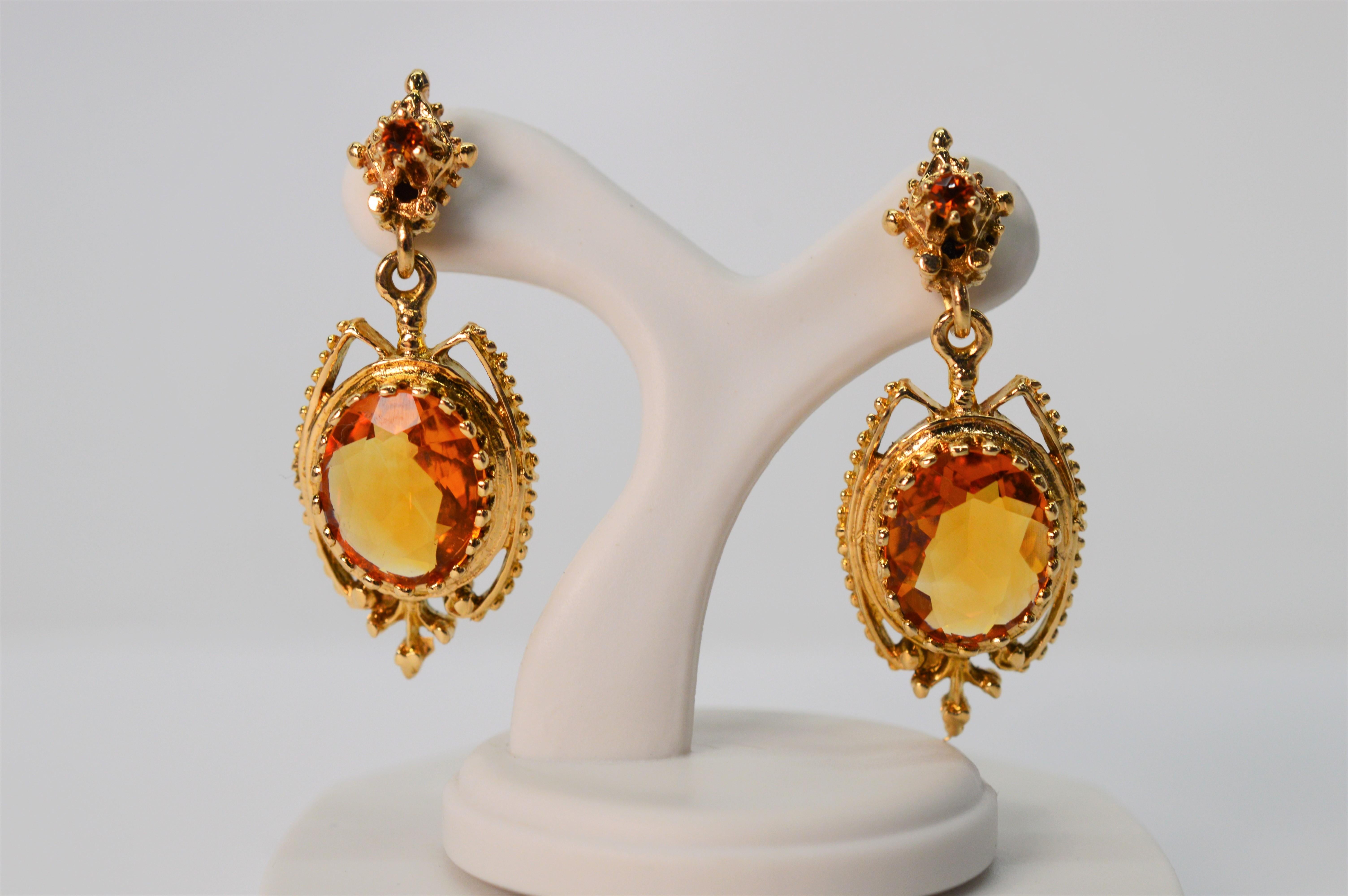 Oval Cut Citrine Yellow Gold Antique Style Drop Earrings