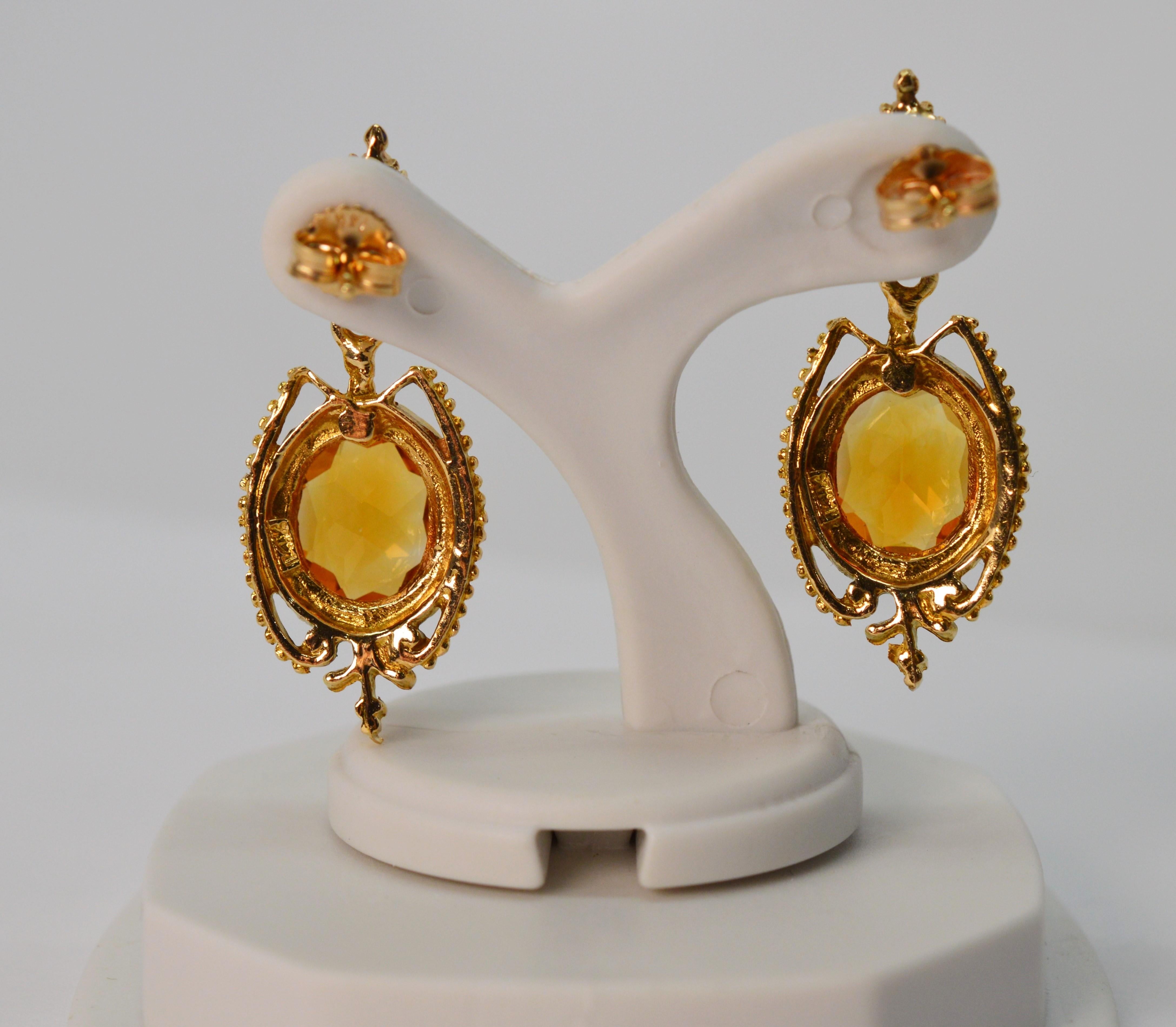 Women's Citrine Yellow Gold Antique Style Drop Earrings