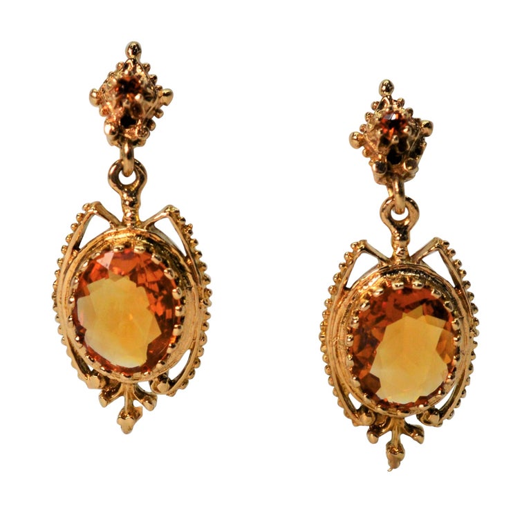 Citrine Yellow Gold Antique Style Drop Earrings at 1stDibs
