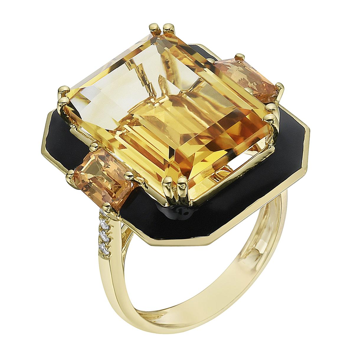 With this exquisite semi-precious Citrine yellow gold diamond ring, style and glamour are in the spotlight. This 18-karat emerald cut ring is made from 5.53 grams of gold, 3 Citrines totaling 12.78 karats, and is surrounded by black enamel and has