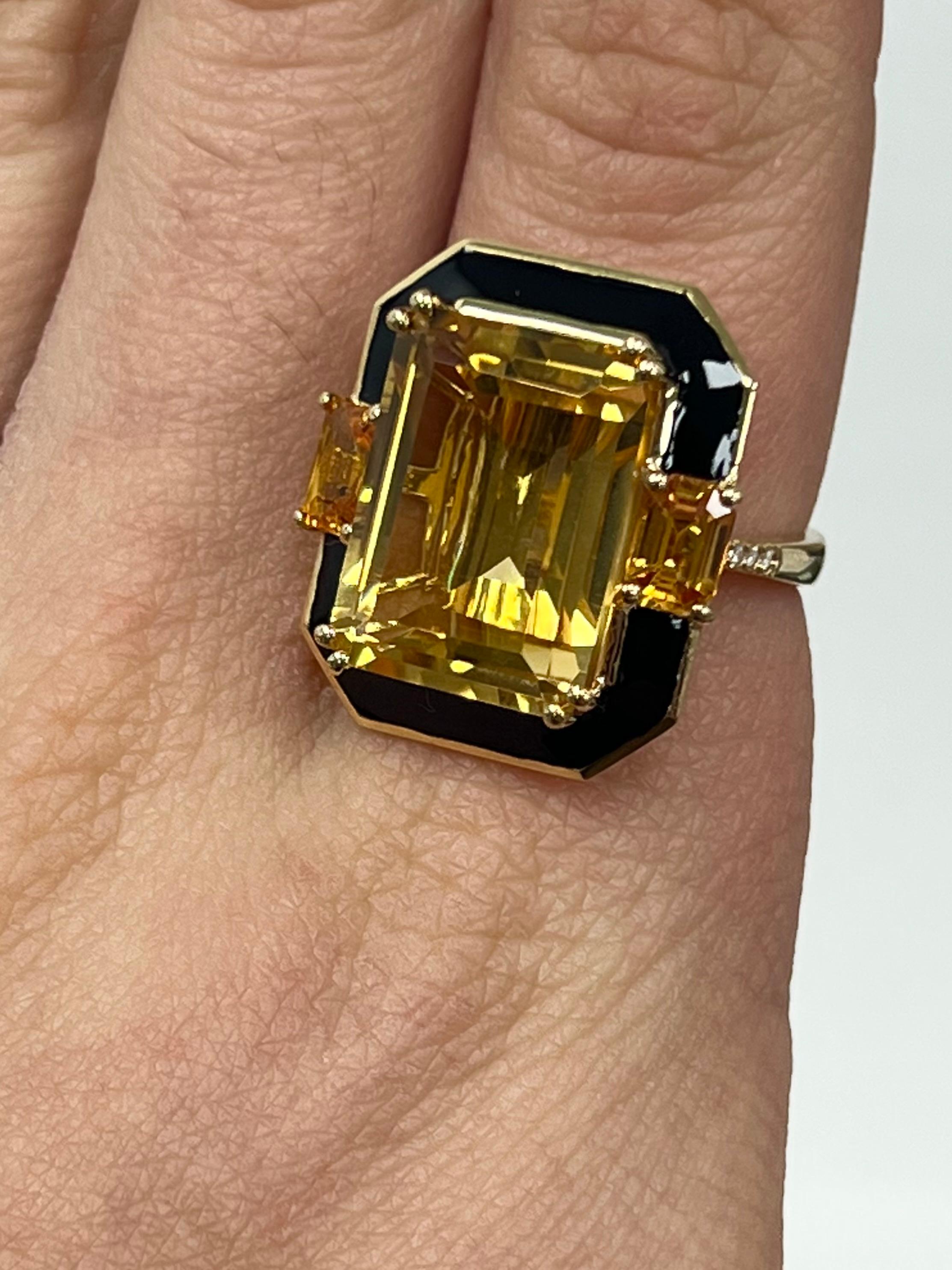 Emerald Cut Citrine Yellow Gold Diamond Ring  For Sale