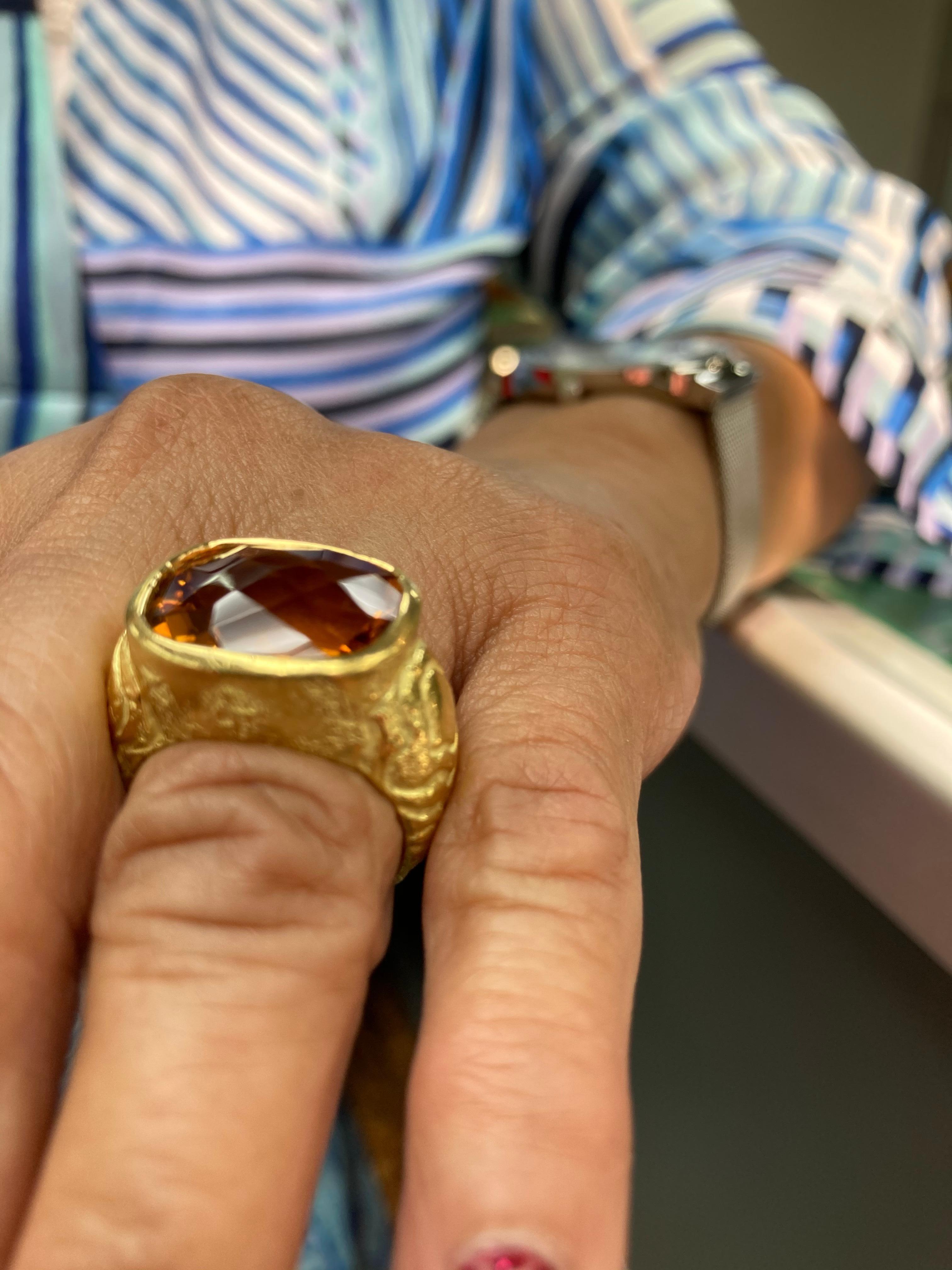 Cushion Cut Citrine Yellow Gold Ring For Sale