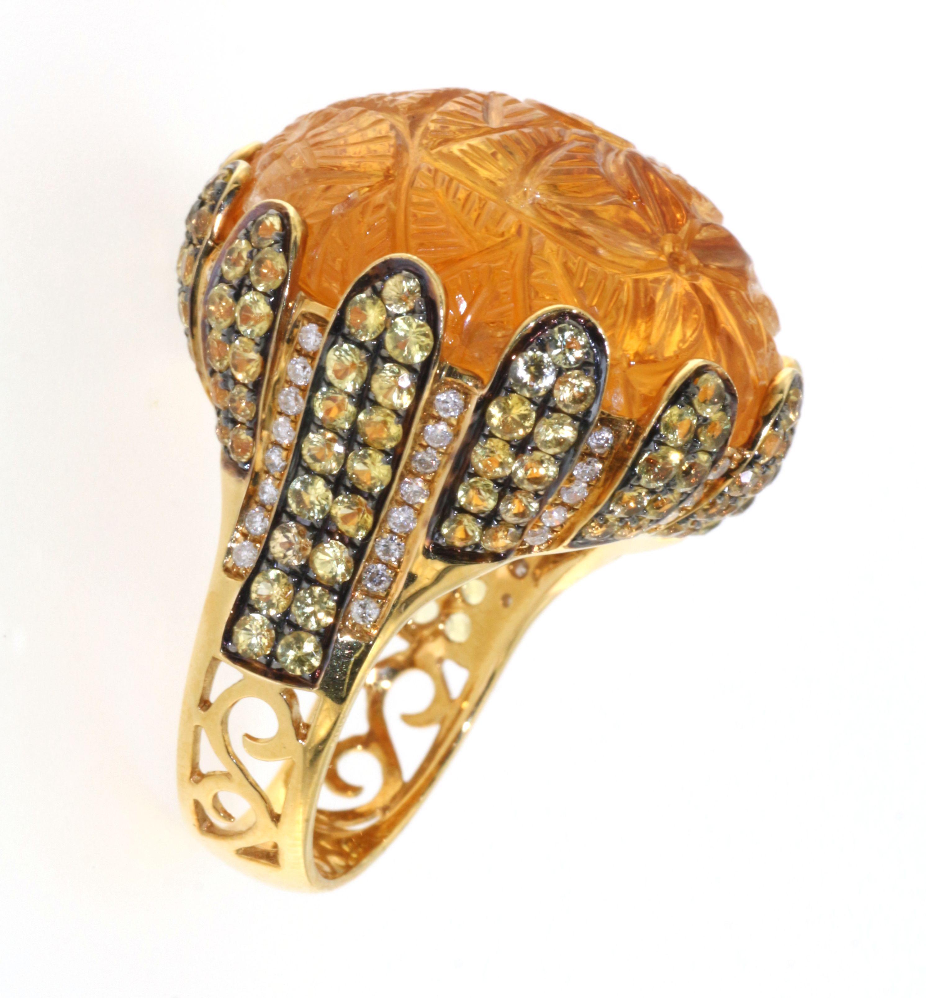 Uncut 46Ct Citrine Yellow Sapphire and Diamond Cocktail Ring in 18kt Yellow Gold