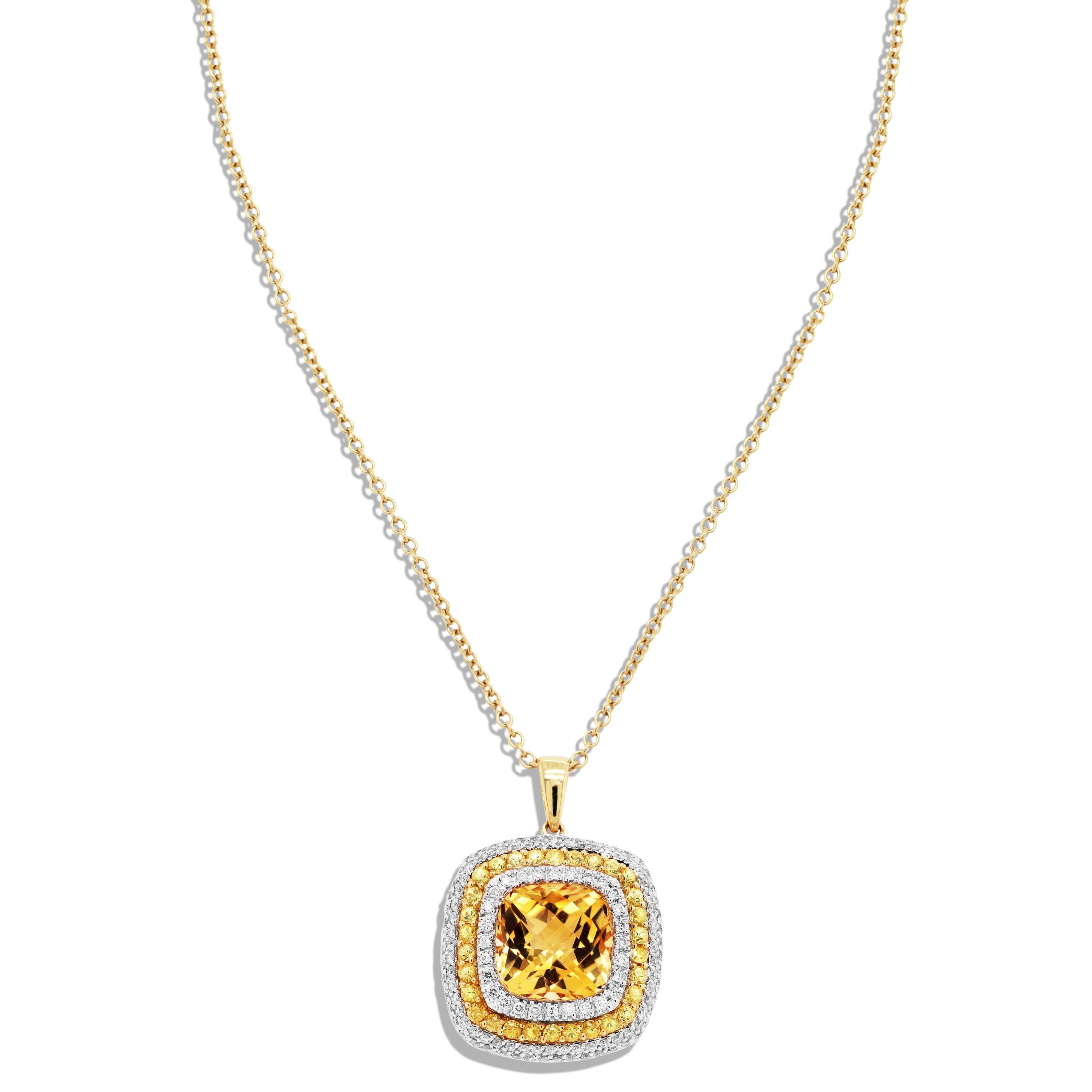 18K Yellow Gold Pendant with Citrine center surrounded by Yellow Sapphires and Diamonds

0.80 carat apprx. diamonds total weight
0.35 carat apprx. yellow sapphires total weight

Apprx. 5 carat Citrine center

Chain is 16 inches in length and uses a