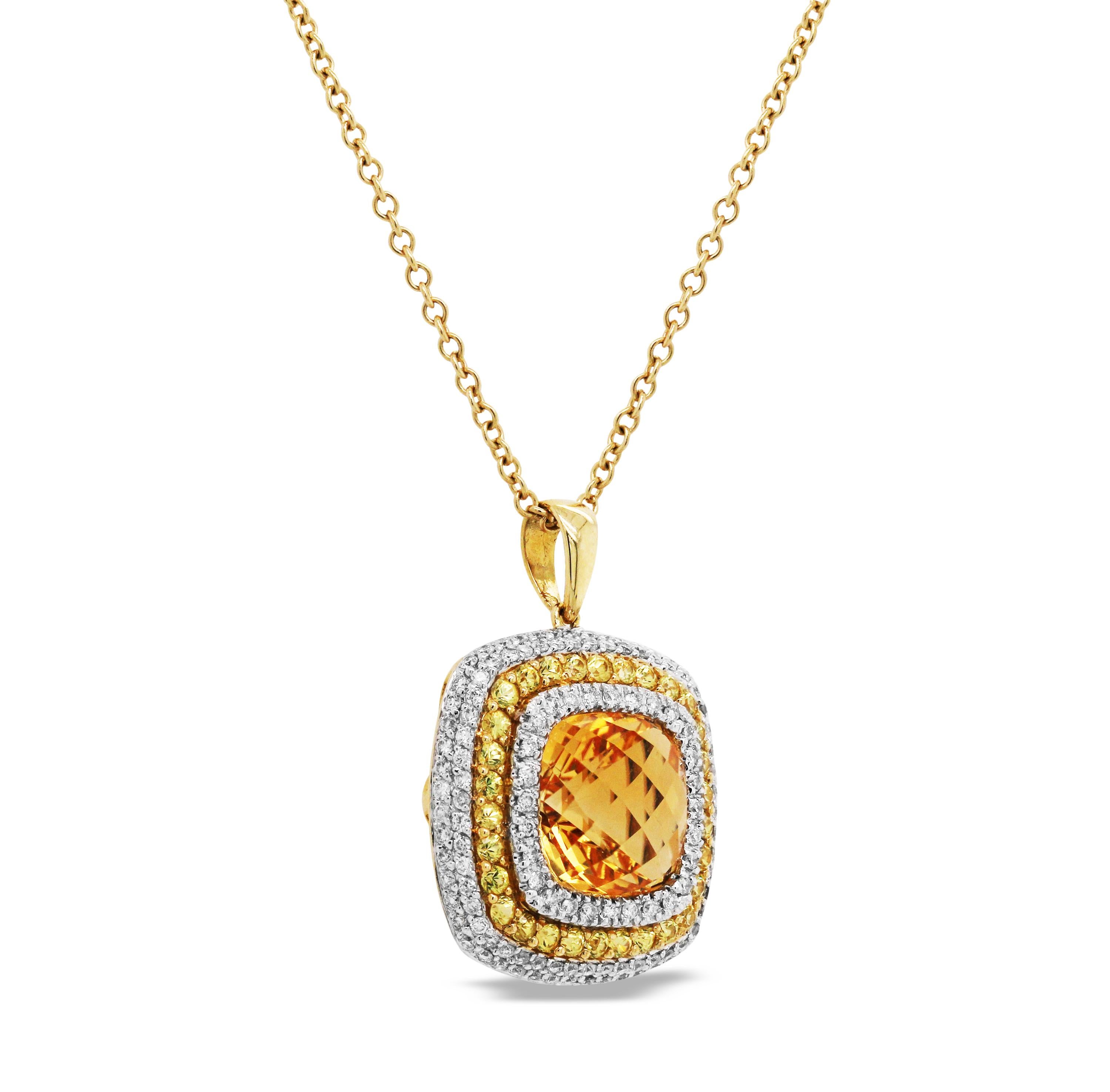 Citrine Yellow Sapphire and Diamond Pendant Necklace with Chain In New Condition In Boca Raton, FL