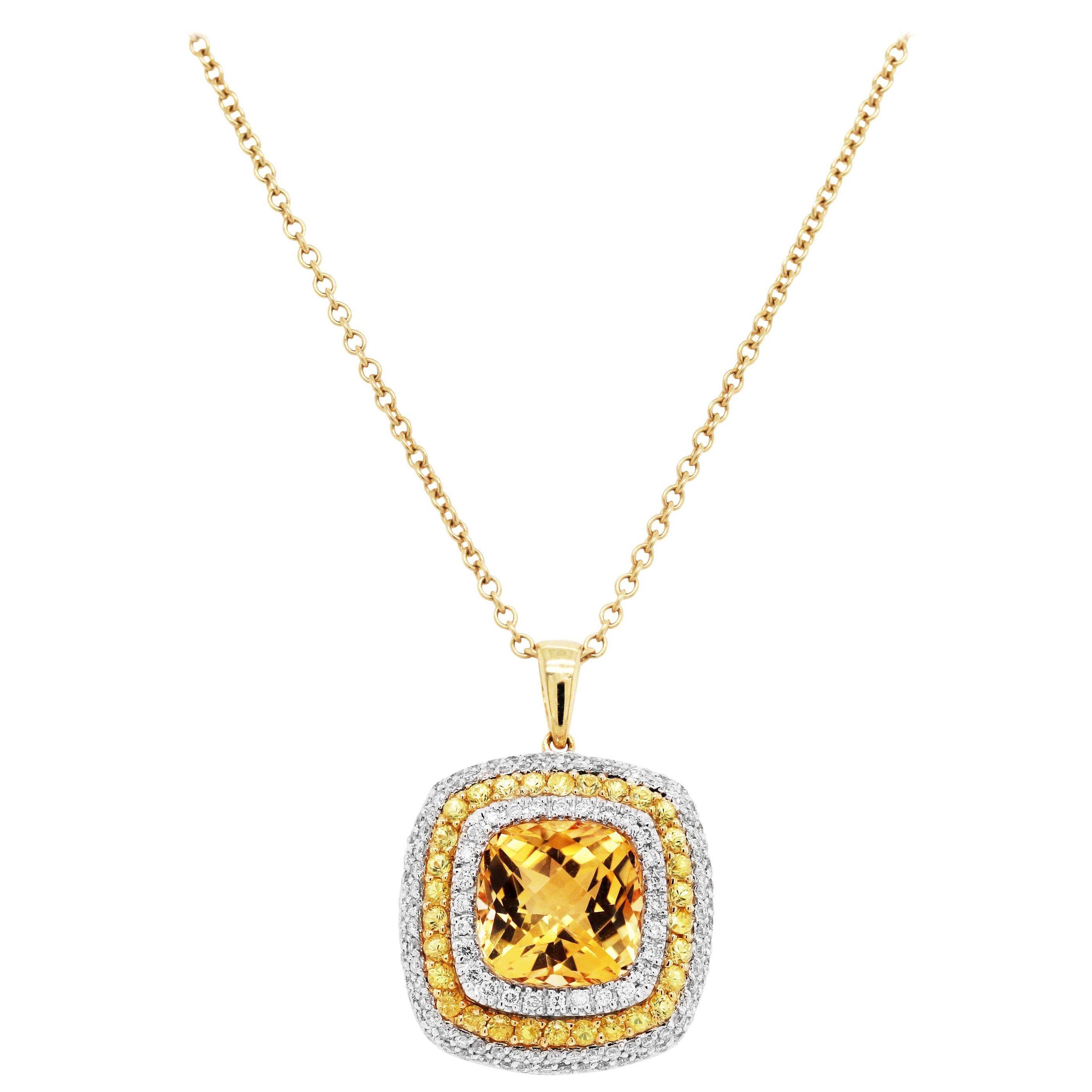 Citrine Yellow Sapphire and Diamond Pendant Necklace with Chain