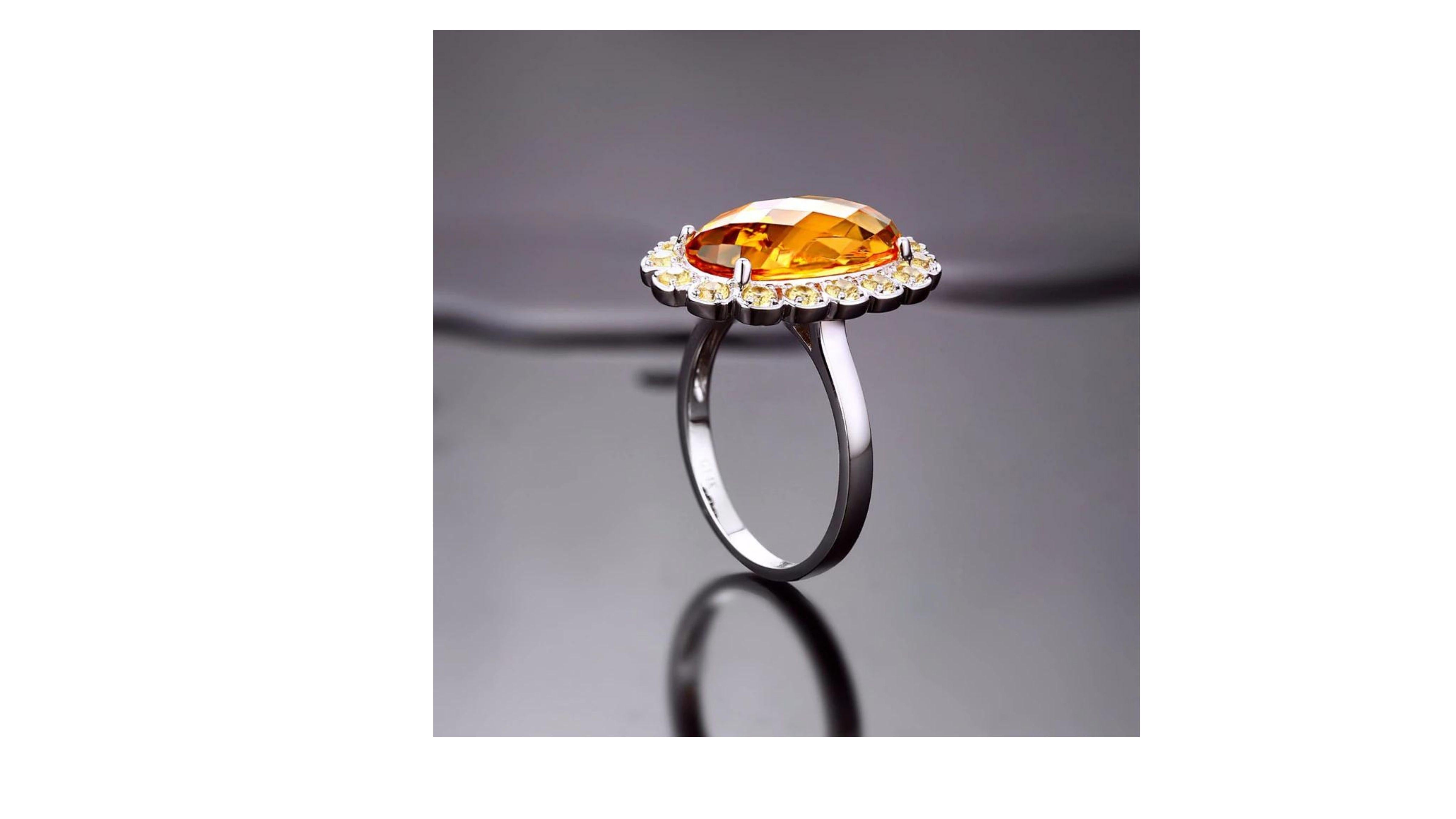Contemporary Citrine Yellow Sapphire Ring 14 Karat White Gold For Sale