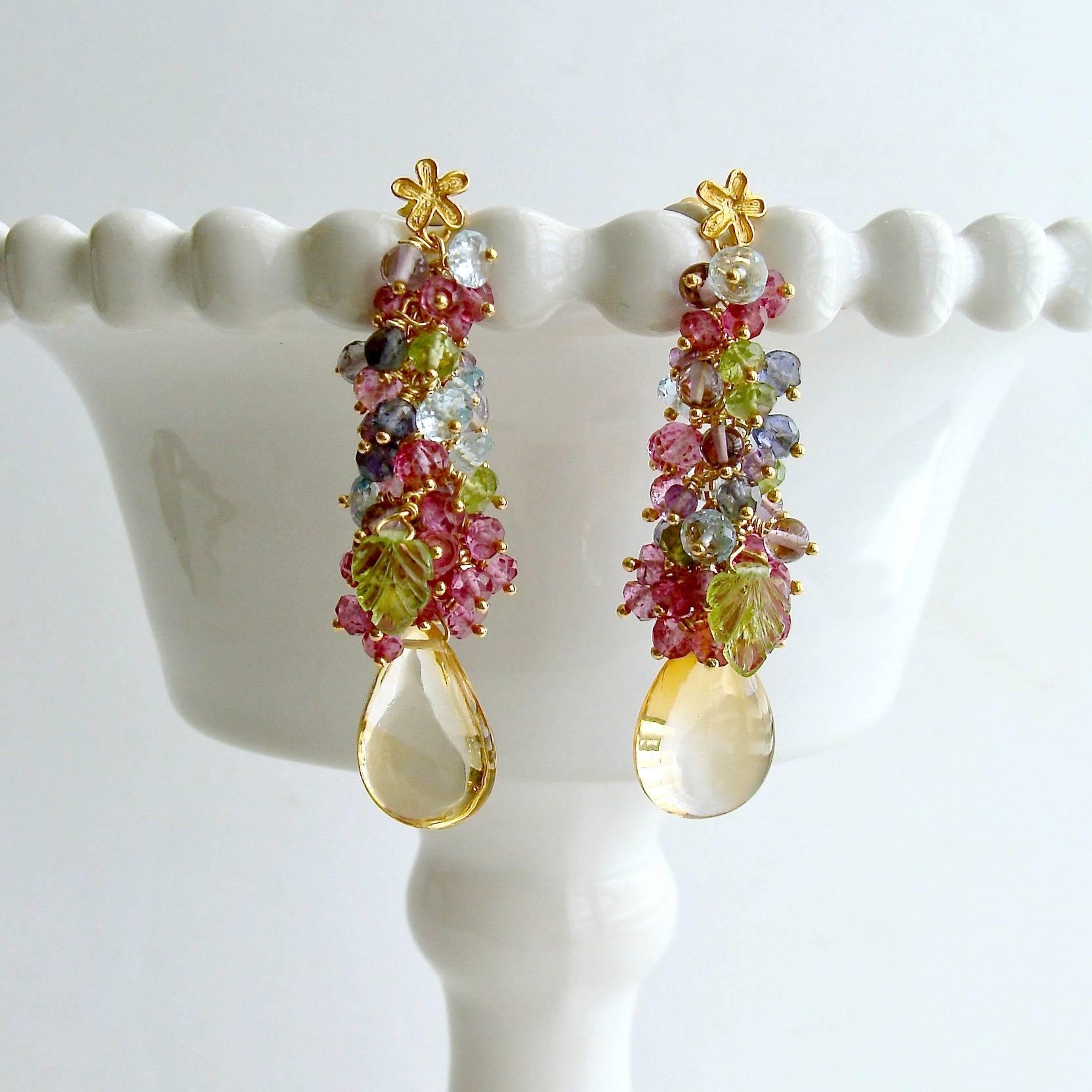 Citrine, Blue Topaz, Pink Topaz, Amethyst, Peridot and Iolite Cluster Earrings In New Condition In Colleyville, TX