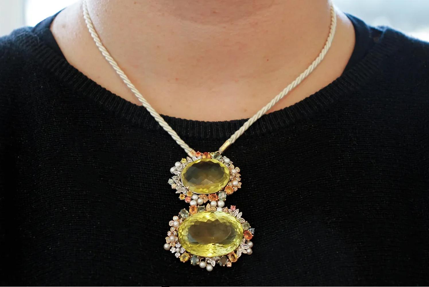 Women's Citrine, Diamonds, Sapphires, Pearls, 14 Karat White and Rose Gold Retro Pendant