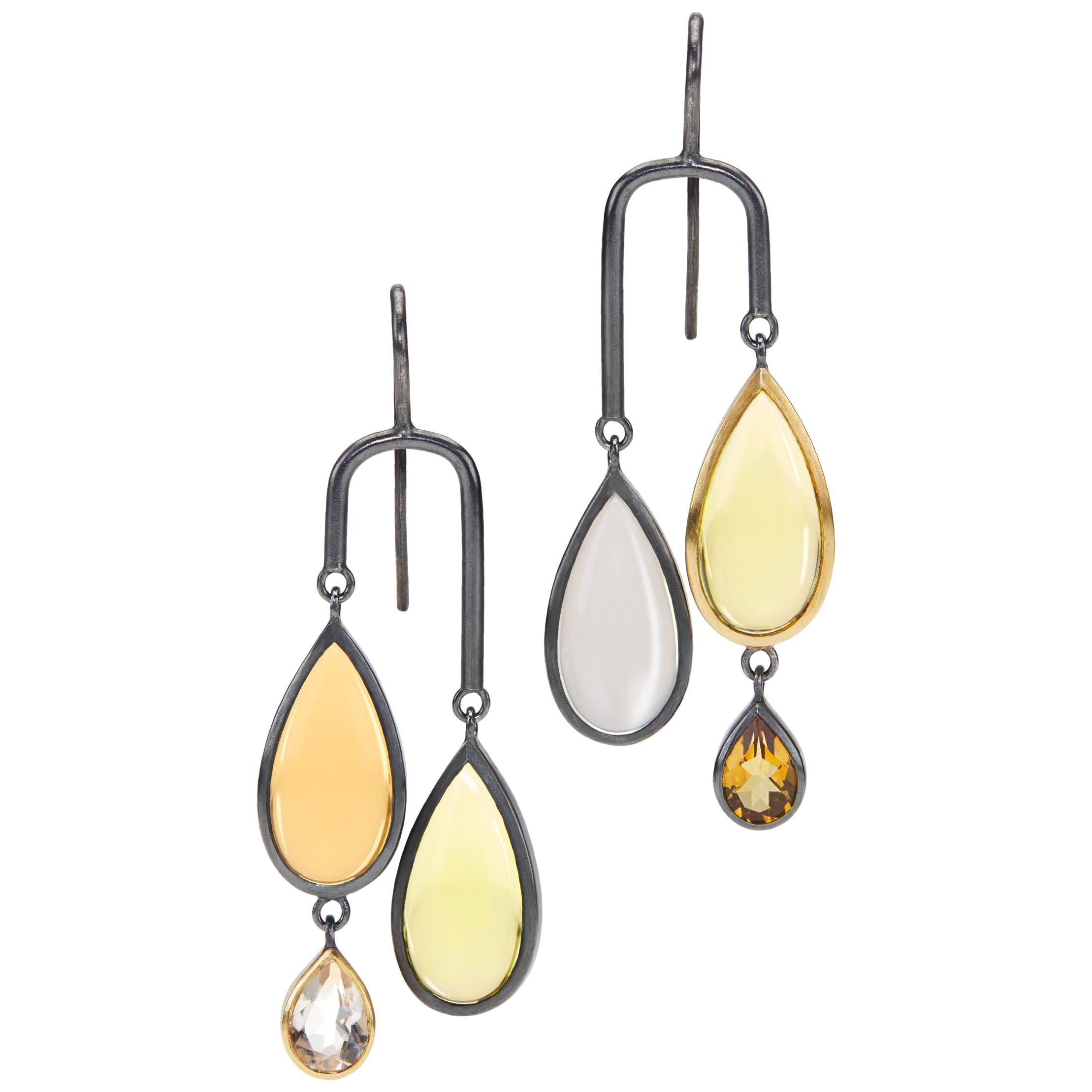 Citrine, Lemon Quartz, Moonstone, Rock Crystal Sterling Silver/ 18K Gold Earrings For Sale