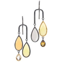 Boucles d'oreilles en argent sterling/or 18 carats avec citrine, quartz citron, pierre de lune et cristal de roche