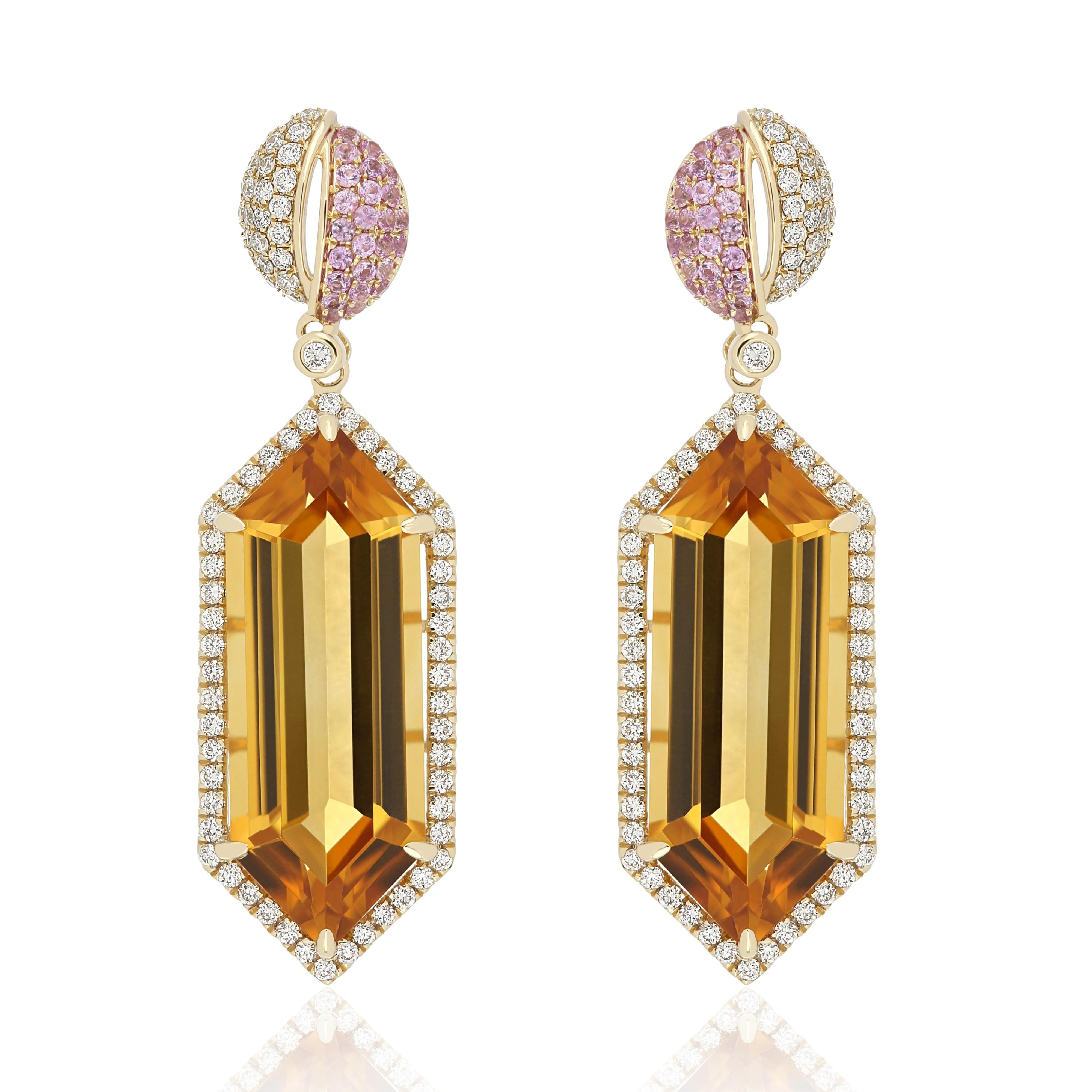 Elegant and exquisitely detailed 14 Karat Yellow Gold Earring, Center set with 13.60 CT's Hexagon Shape Citrine, Pink Sapphire with 0.30 CT's and Surrounded micro pave set Diamonds, weighing approx. 0.66 CT's Beautifully Hand crafted in 14 Karat
