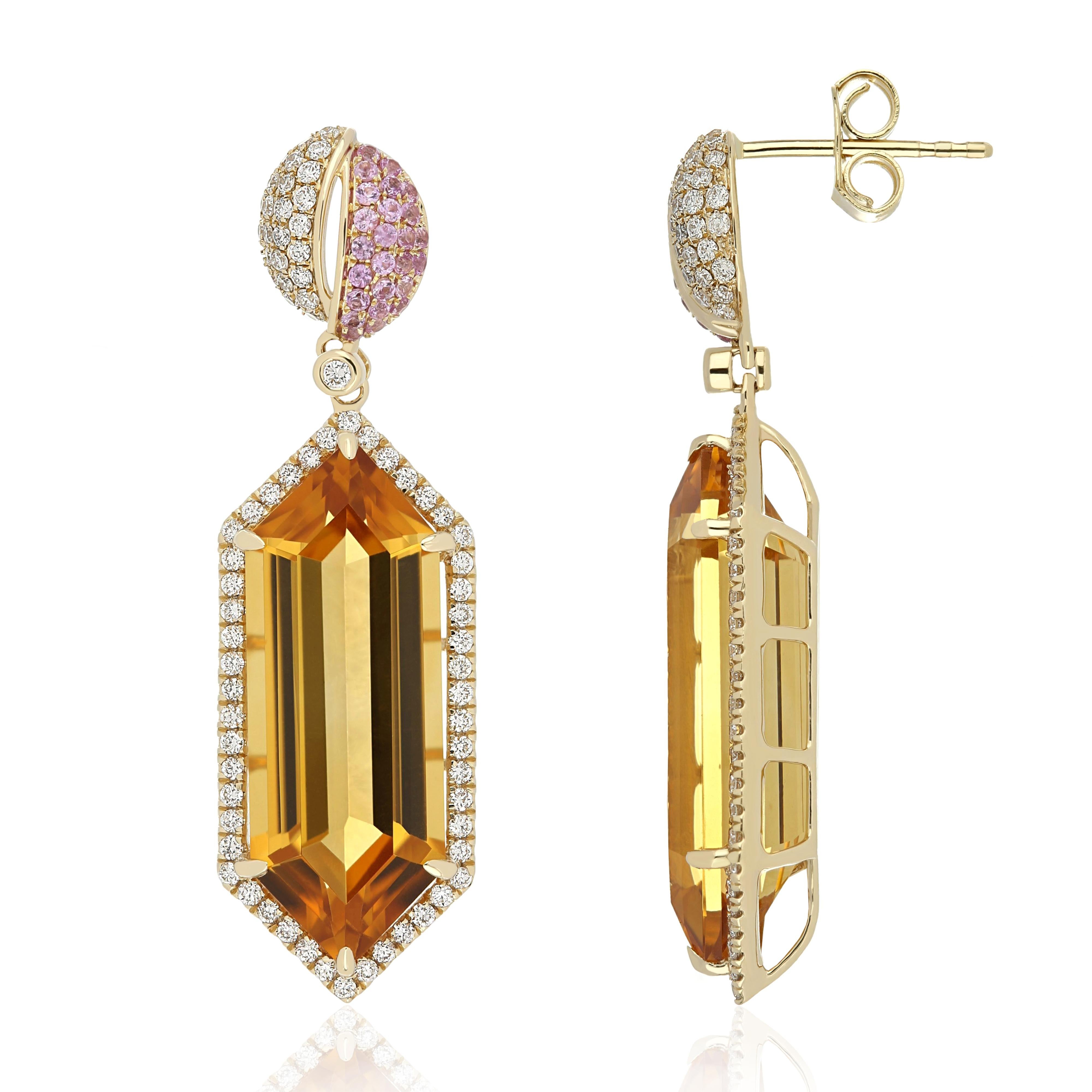 Hexagon Cut Citrine, Pink Sapphire and Diamond Earring 14Karat Yellow Gold Hand-made Earring For Sale