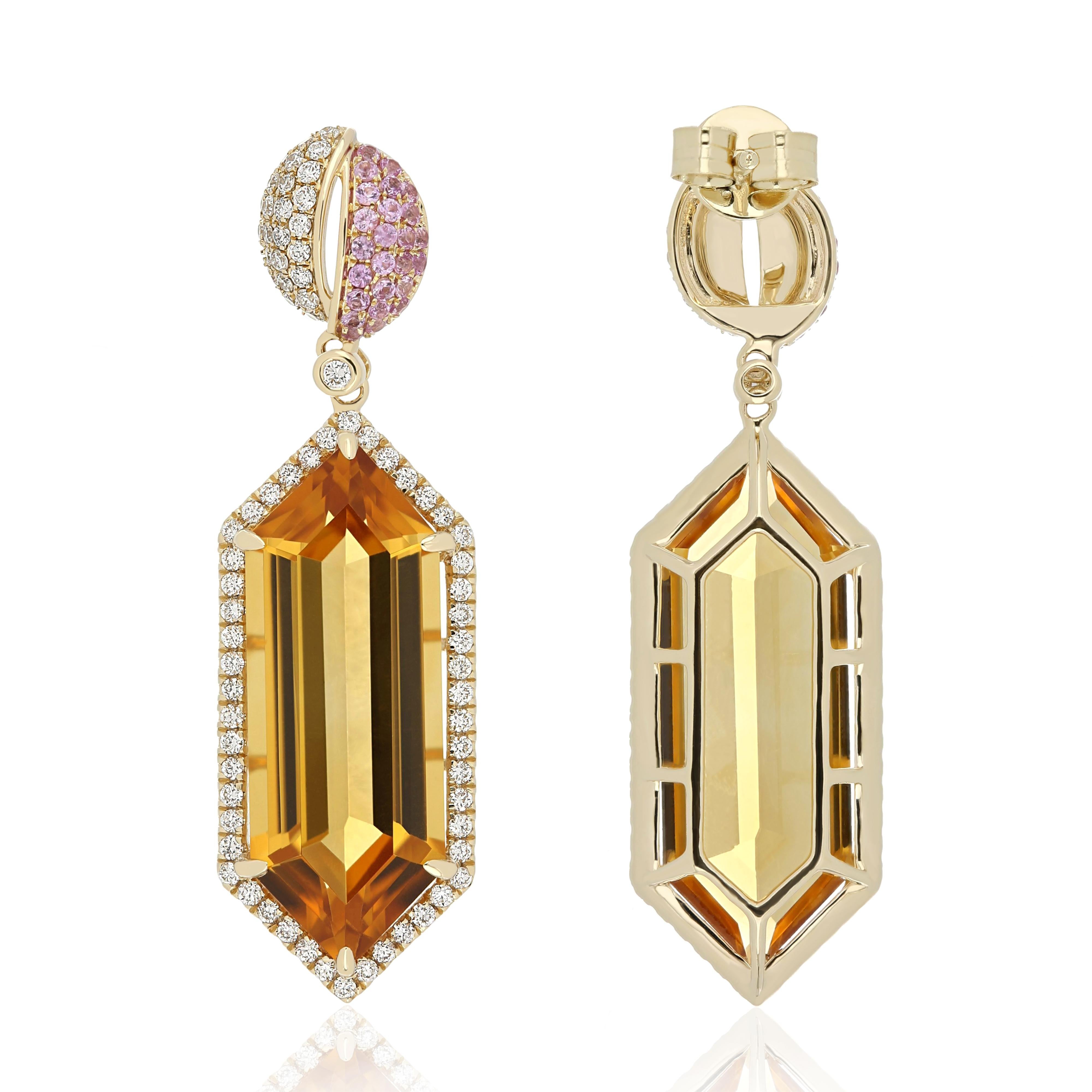 Citrine, Pink Sapphire and Diamond Earring 14Karat Yellow Gold Hand-made Earring In New Condition For Sale In JAIPUR, IN