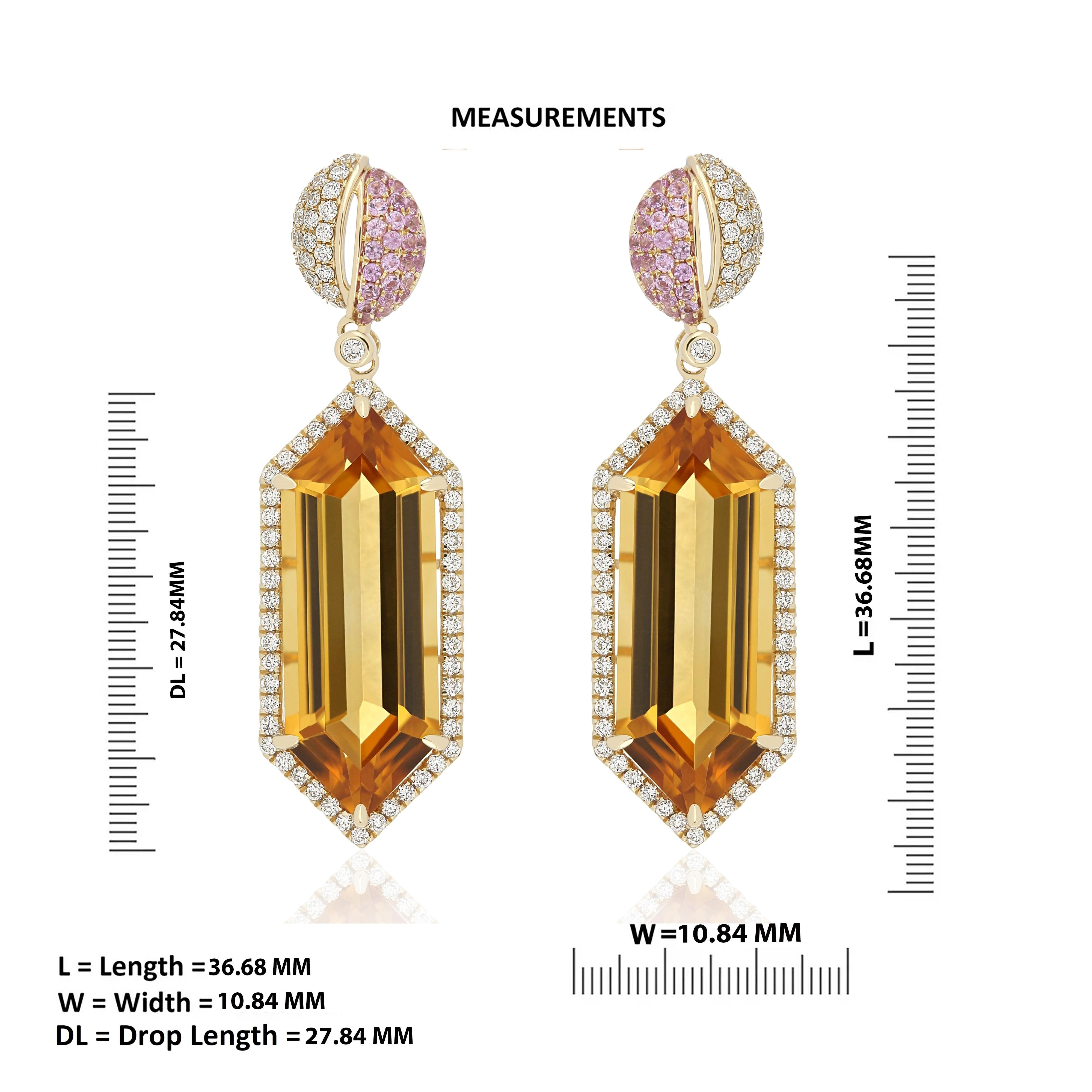 Women's Citrine, Pink Sapphire and Diamond Earring 14Karat Yellow Gold Hand-made Earring For Sale