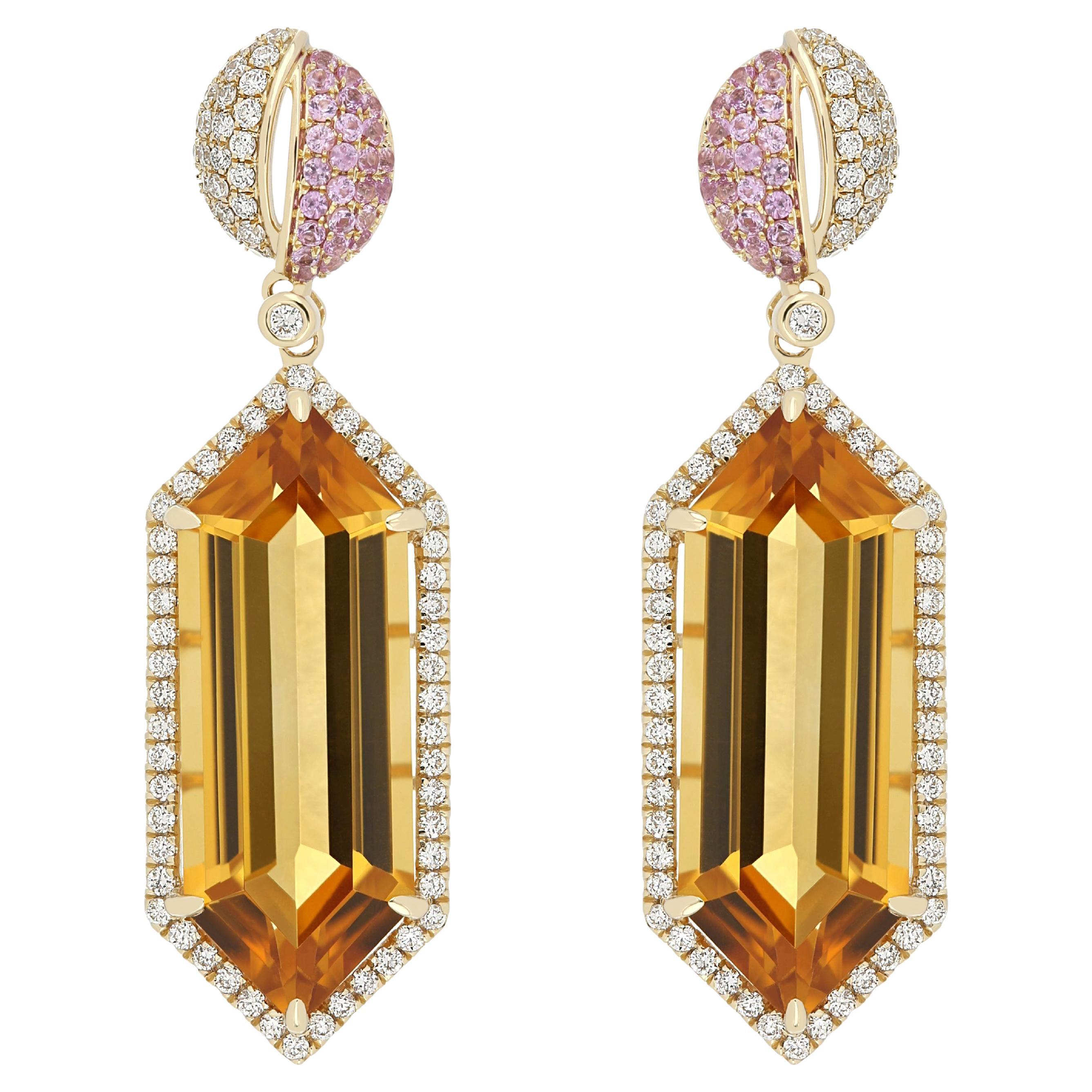 Citrine, Pink Sapphire and Diamond Earring 14Karat Yellow Gold Hand-made Earring For Sale