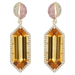 Citrine, Pink Sapphire and Diamond Earring 14Karat Yellow Gold Hand-made Earring
