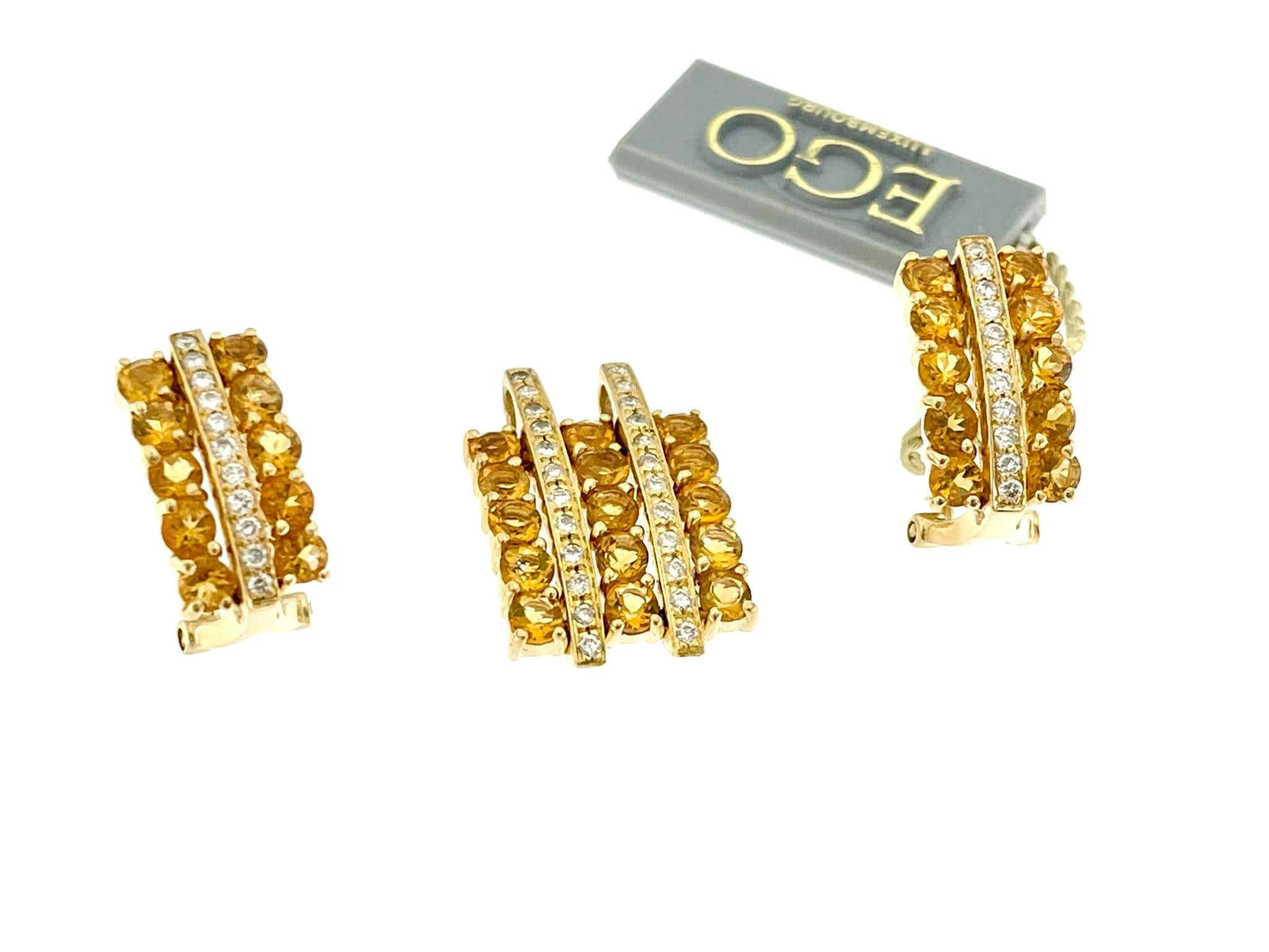 Brilliant Cut Citrines and Diamonds Jewelry Set 18kt Yellow Gold For Sale