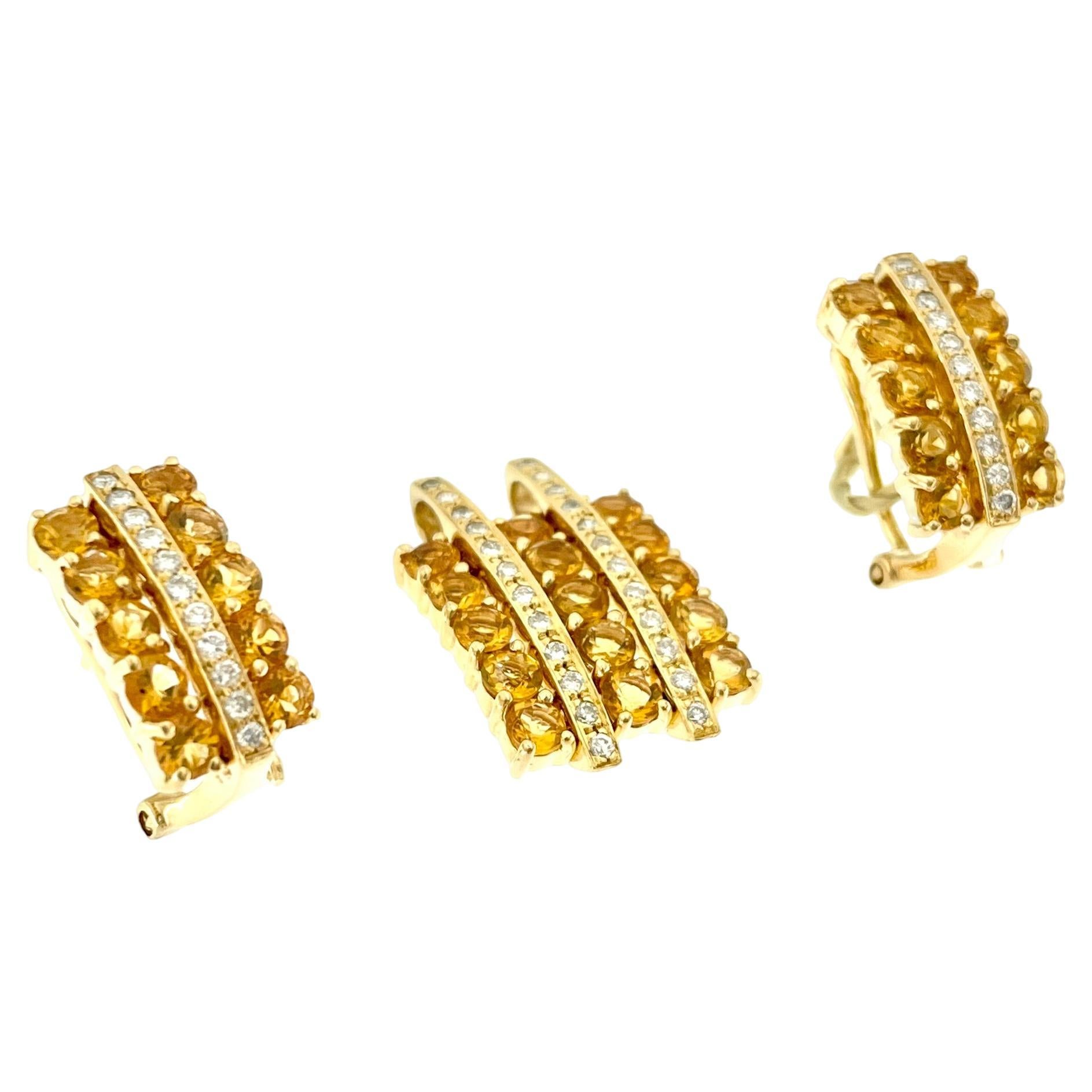 Citrines and Diamonds Jewelry Set 18kt Yellow Gold For Sale