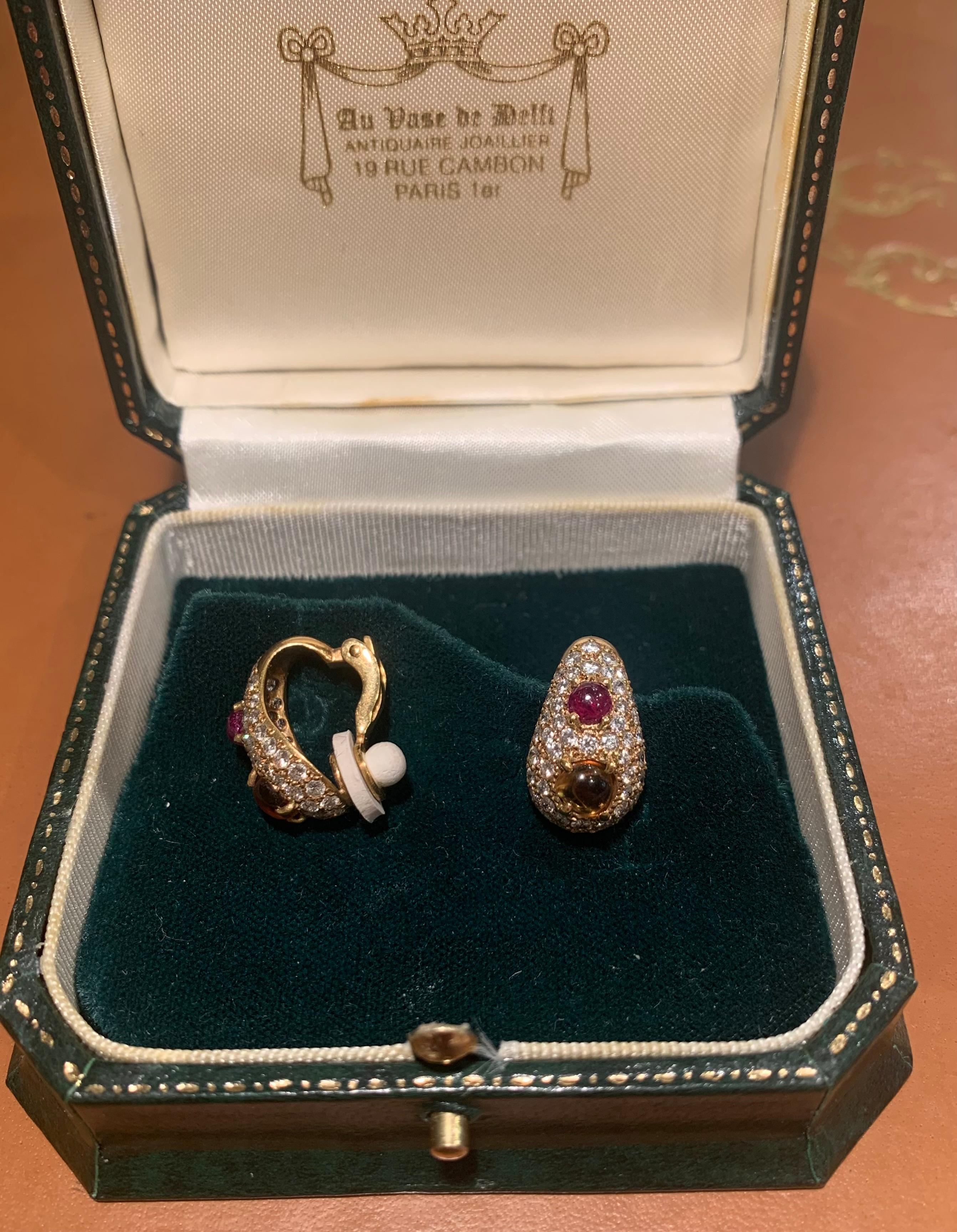 Mixed Cut Citrines Rubies Diamonds 18 Carats Yellow Gold Retro Earrings Clips For Sale