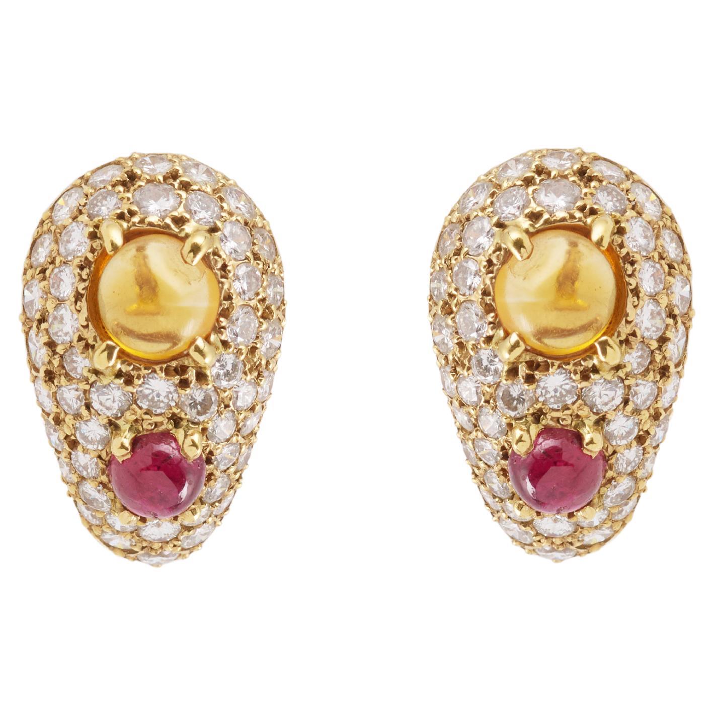 Citrines Rubies Diamonds 18 Carats Yellow Gold Retro Earrings Clips