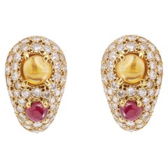 Citrines Rubies Diamonds 18 Carats Yellow Gold Retro Earrings Clips