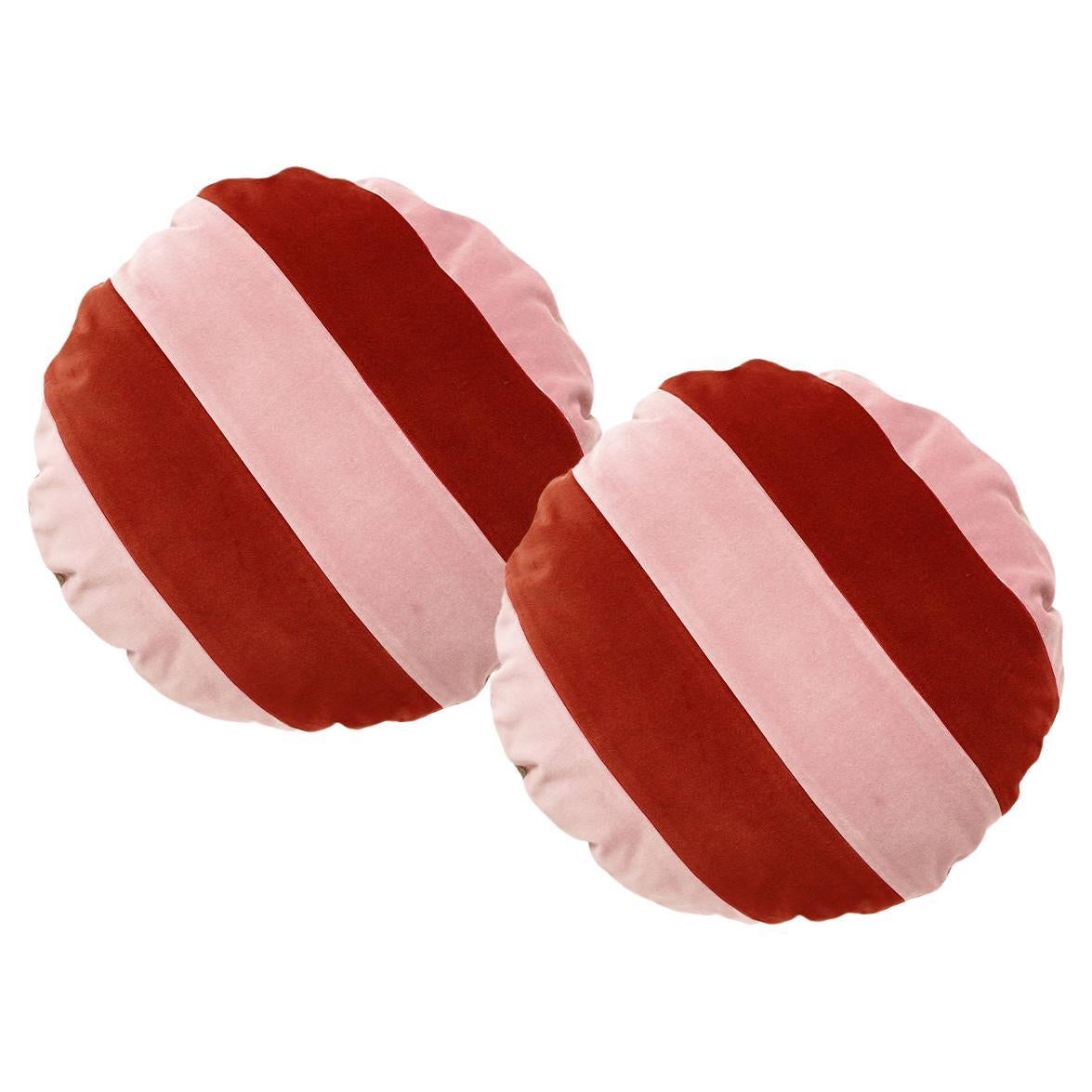 CITRINO brick and pink - Set of 2 Velvet Deluxe Striped Round Cushions