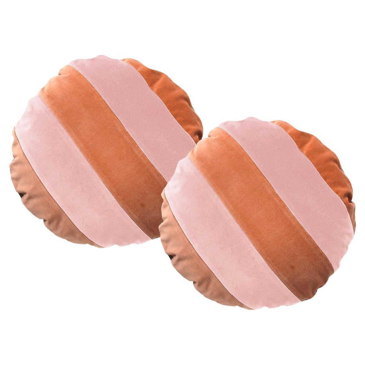 CITRINO Cammello e rosa - Set di 2 cuscini rotondi a righe in velluto Deluxe