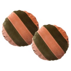 CITRINO verde seco y camel - Set de 2 cojines redondos de terciopelo a rayas de lujo