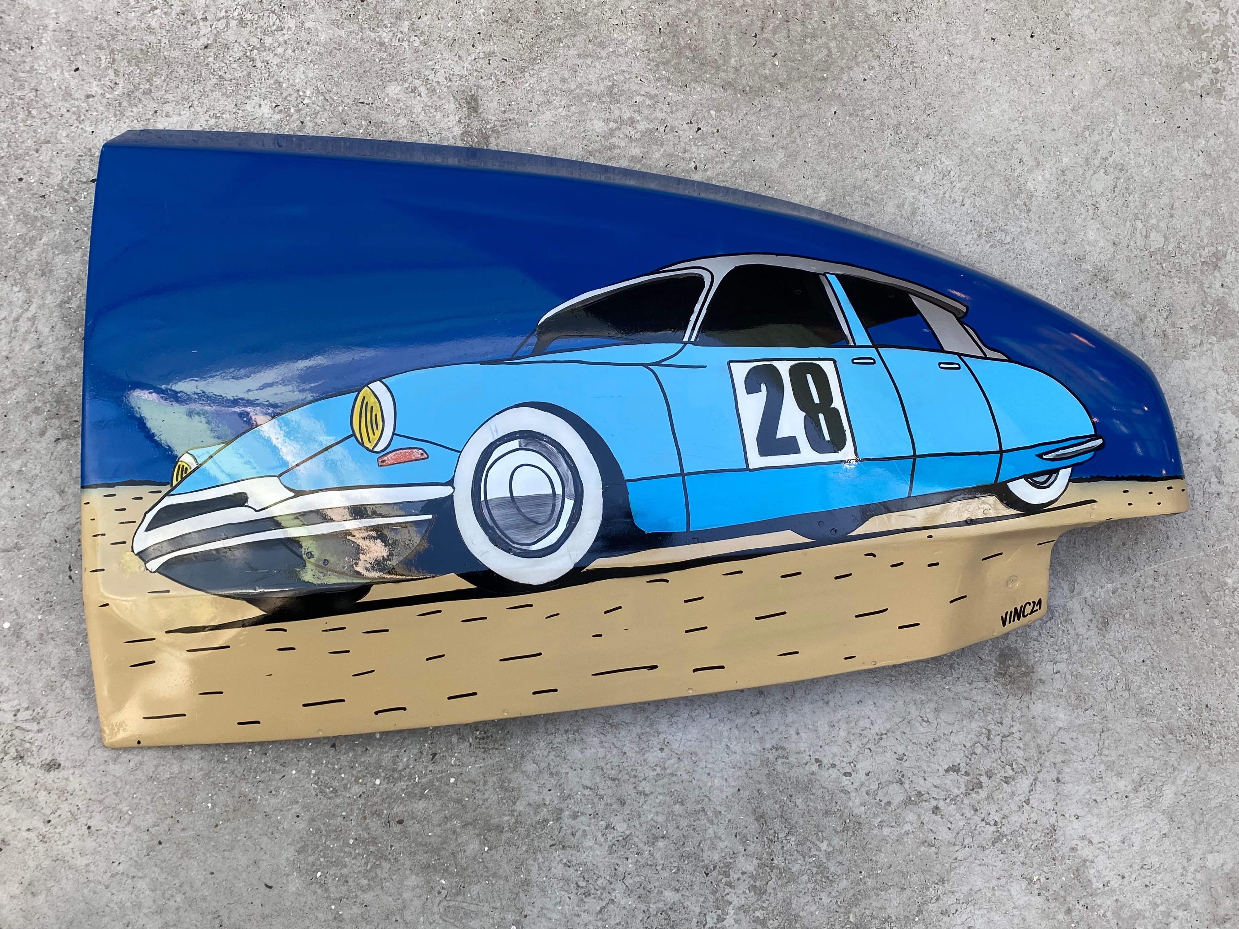 Citroen ID 19 rally Liège-Sofia- Liège
1962 
Bodywork painting - ID wing by Vinc
Posca, acrylic, automotive varnish
this piece can be displayed outside
The miniature is not sold with 
Dimensions : W 107 cm x H 65 cm x D 16 cm 
Ref : 
Price: