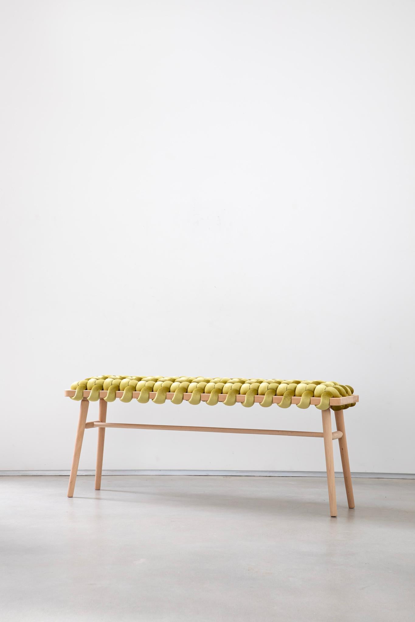 Moderne Hand Made Citron Velvet Woven Bench 47