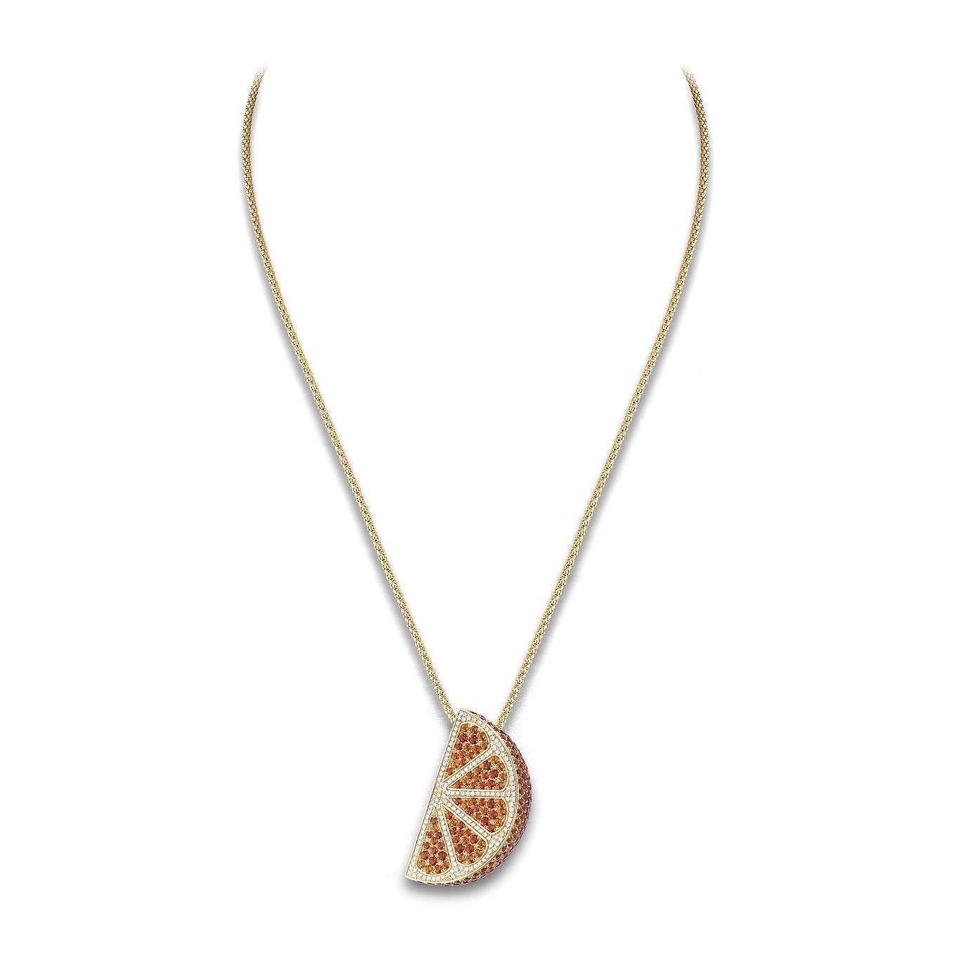 Pendant in 18kt yellow gold set with 151 diamonds 0.88 cts and 196 citrines 6.46 cts           