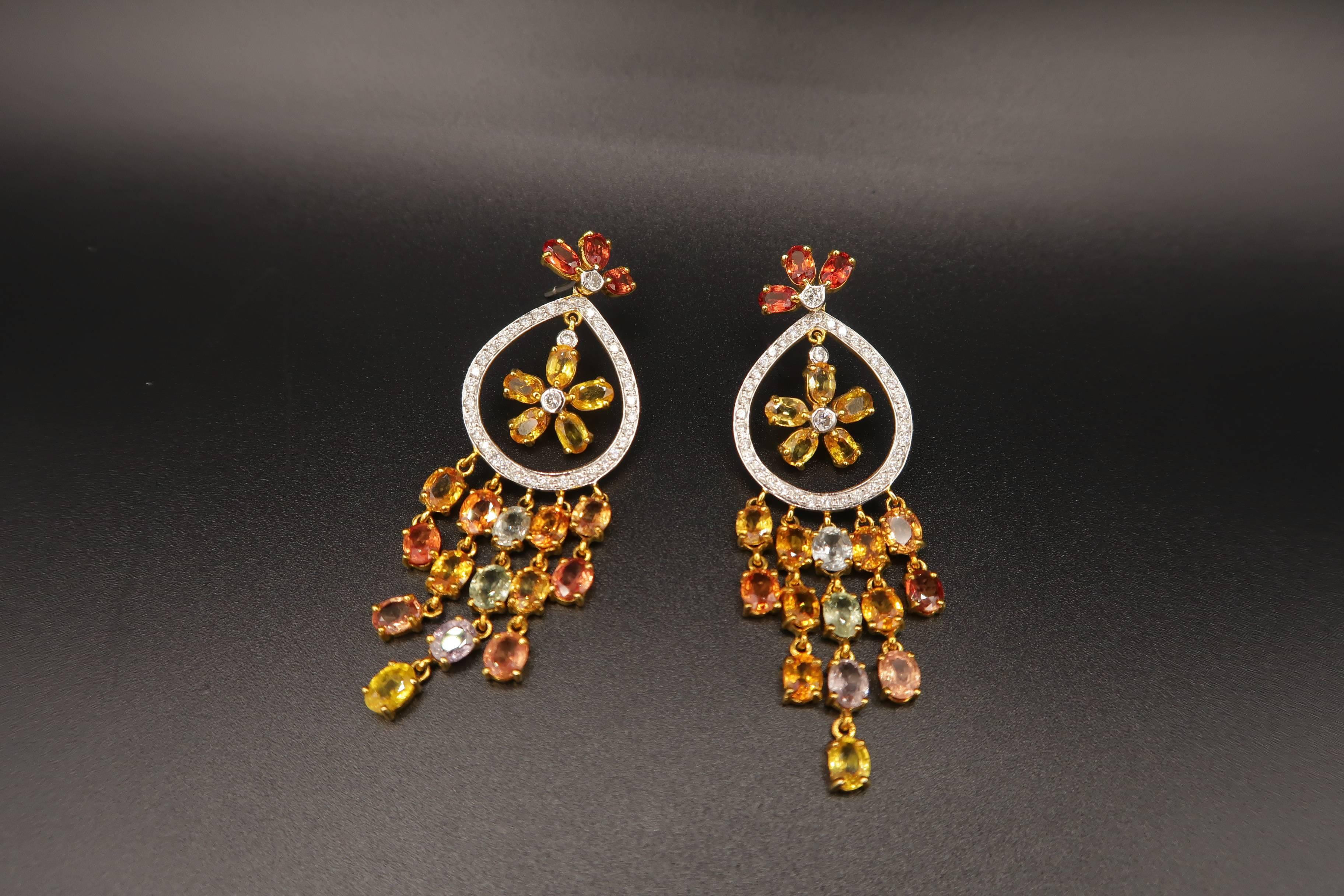 Citrus Sicily Yellow Orange Sapphire Diamond Dangle Earrings in 18K Yellow Gold In New Condition In Bangkok, TH