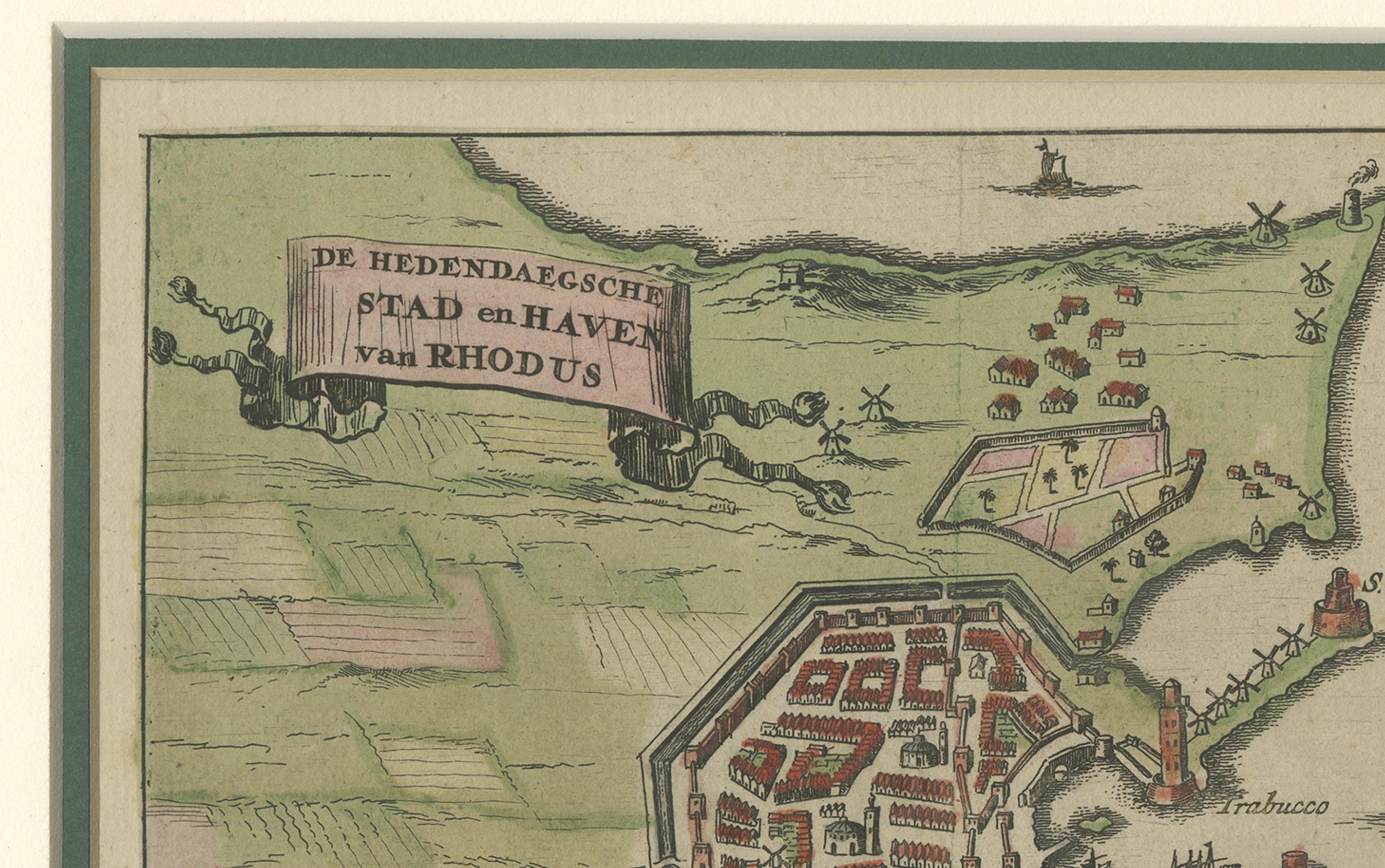 Olandese Città e porto di Rhode - Olfert Dapper, incisione colorata a mano del 1688 in vendita