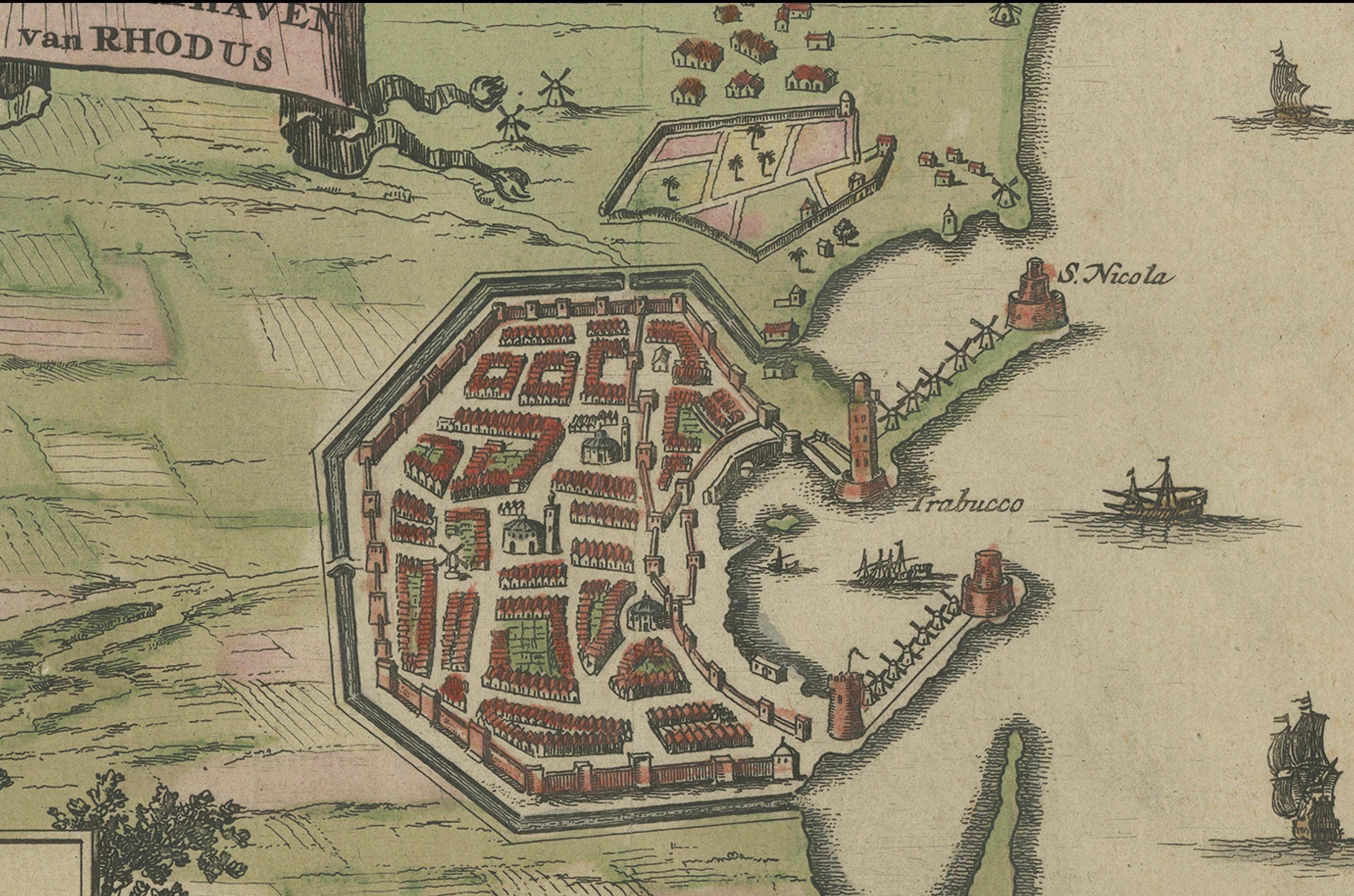 Inciso Città e porto di Rhode - Olfert Dapper, incisione colorata a mano del 1688 in vendita