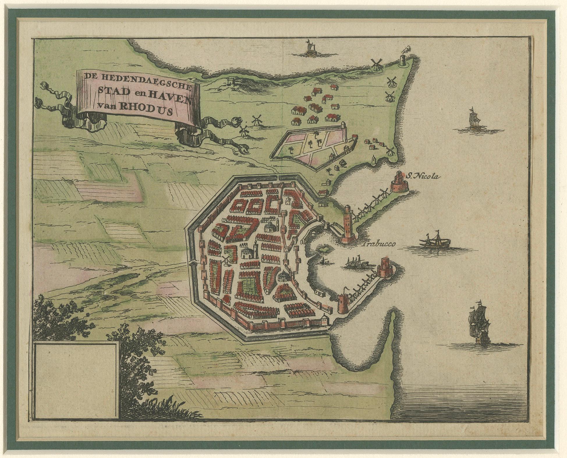 Città e porto di Rhode - Olfert Dapper, incisione colorata a mano del 1688 In condizioni buone in vendita a Langweer, NL