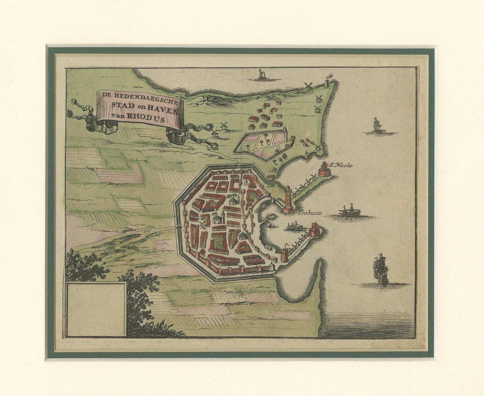 XVII secolo Città e porto di Rhode - Olfert Dapper, incisione colorata a mano del 1688 in vendita