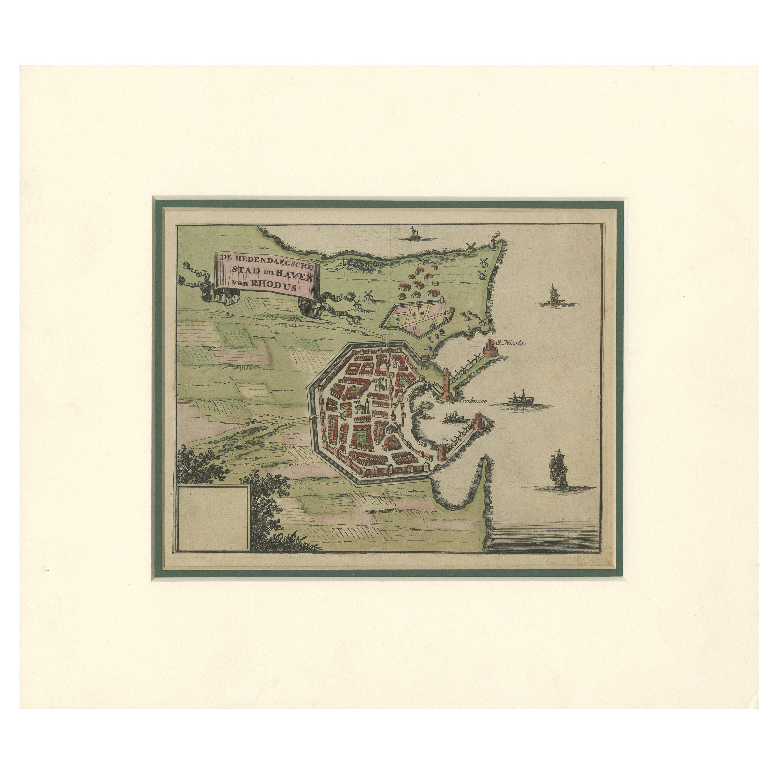 Città e porto di Rhode - Olfert Dapper, incisione colorata a mano del 1688 in vendita