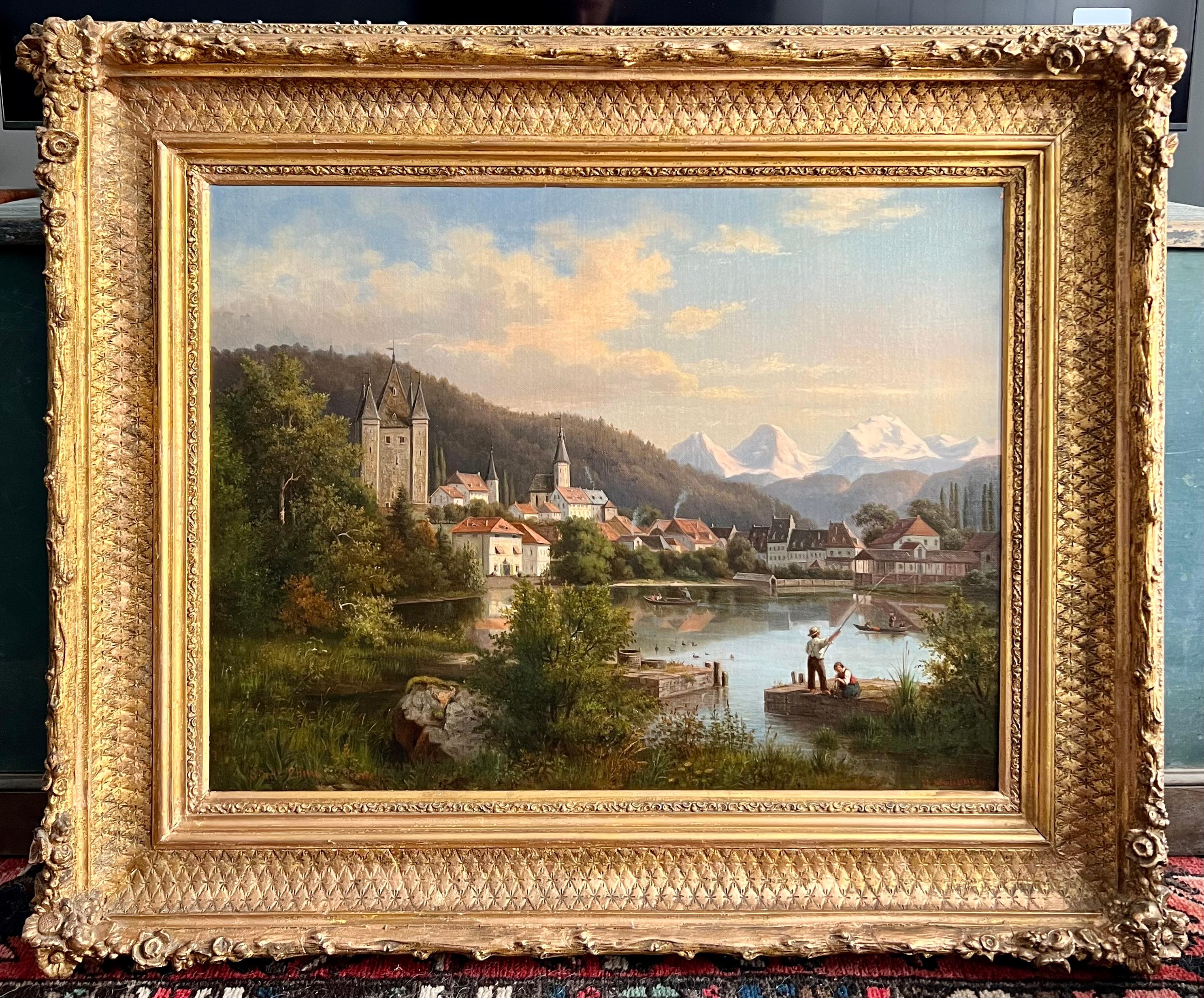Henry Lewis, 1819-1904
Oil on canvas, City of Thun in Switzerland, Stadt Thun im Schweiz, City of Thun in Switzerland
Signed and dated H. Lewis 1861 Dusseldorf in the lower right and inscribed as titled in the lower left. 
Measures 21.75
