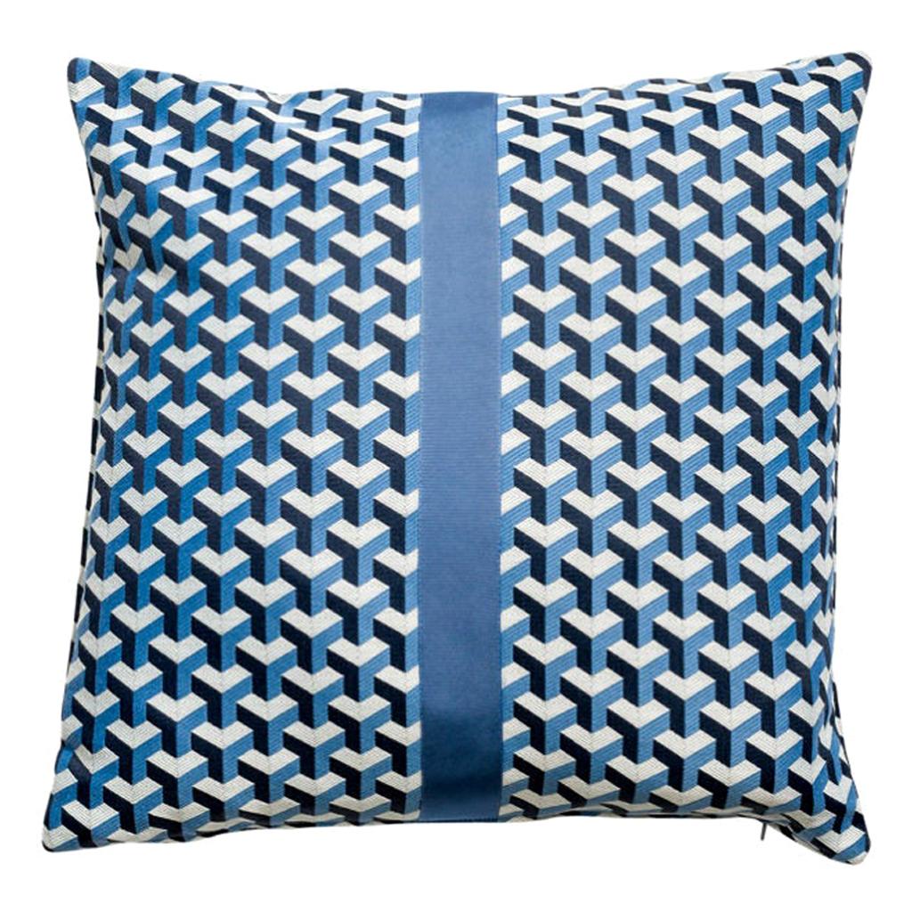 City Cushion Pillow "London" Blue and White Geometric Pattern For Sale