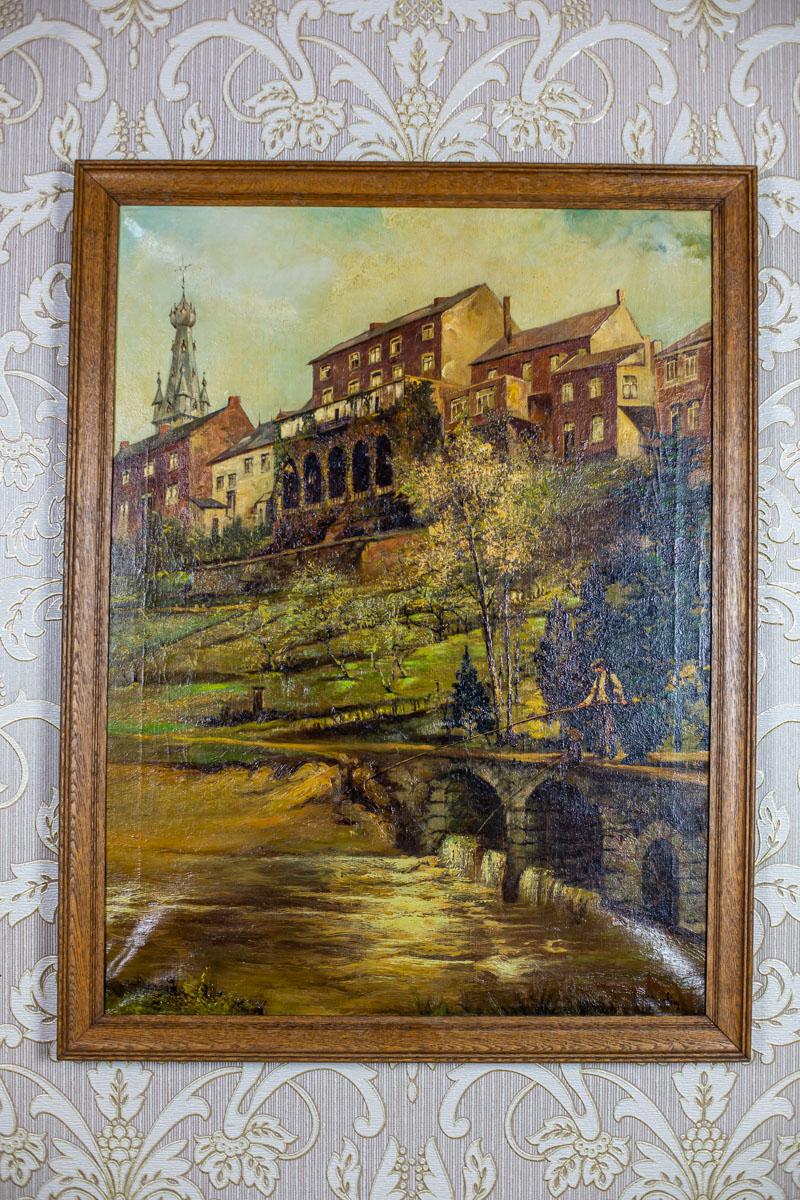 We present you an oil on canvas closed in an oak frame.
It depicts the landscape of a city on river bank.

The signature is unidentified.

This item is in very good condition.